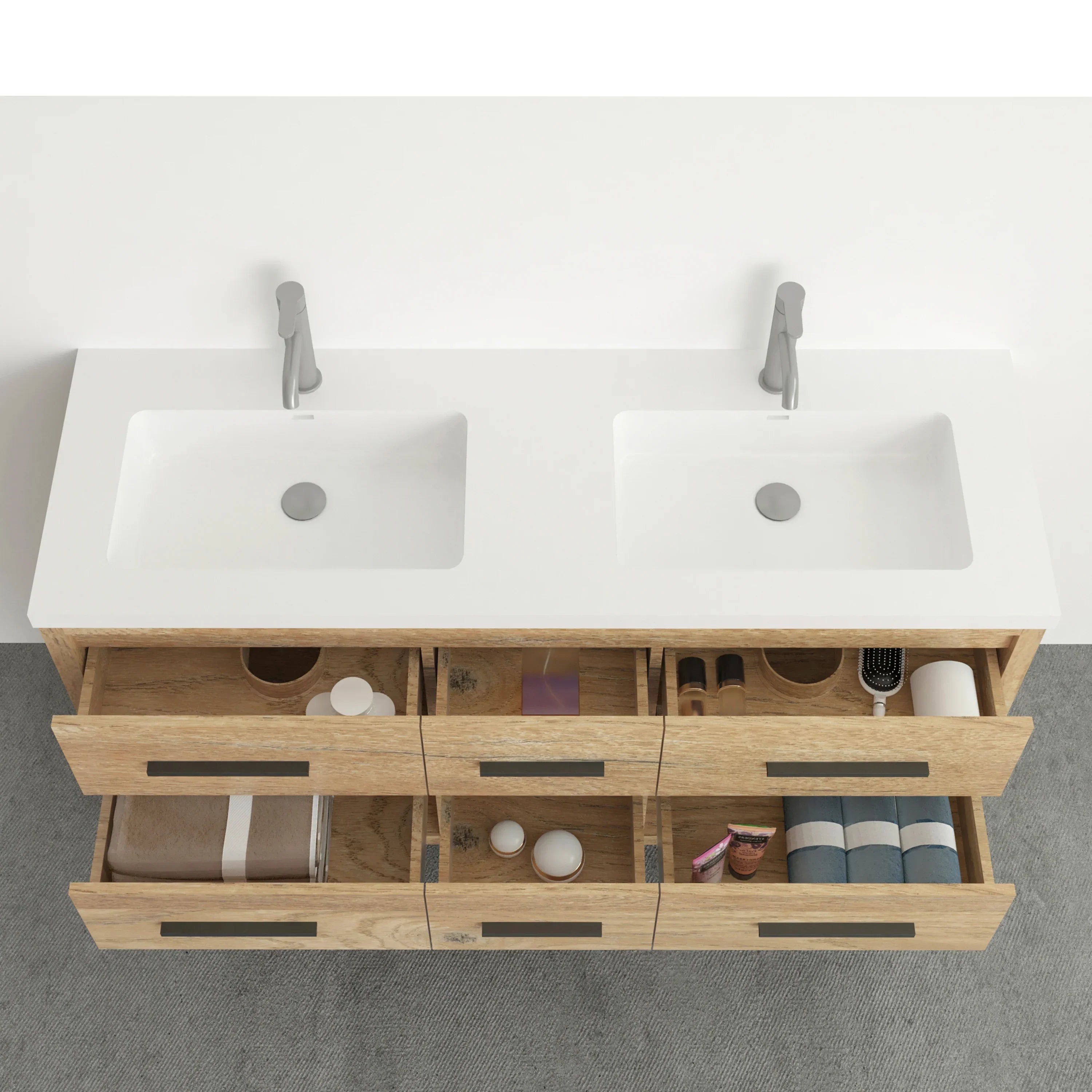 72" Rough Oak Freestanding Double Sink Bathroom Vanity with White Polymarble Countertop-Migration_Bathroom Vanities-DECOROLALA