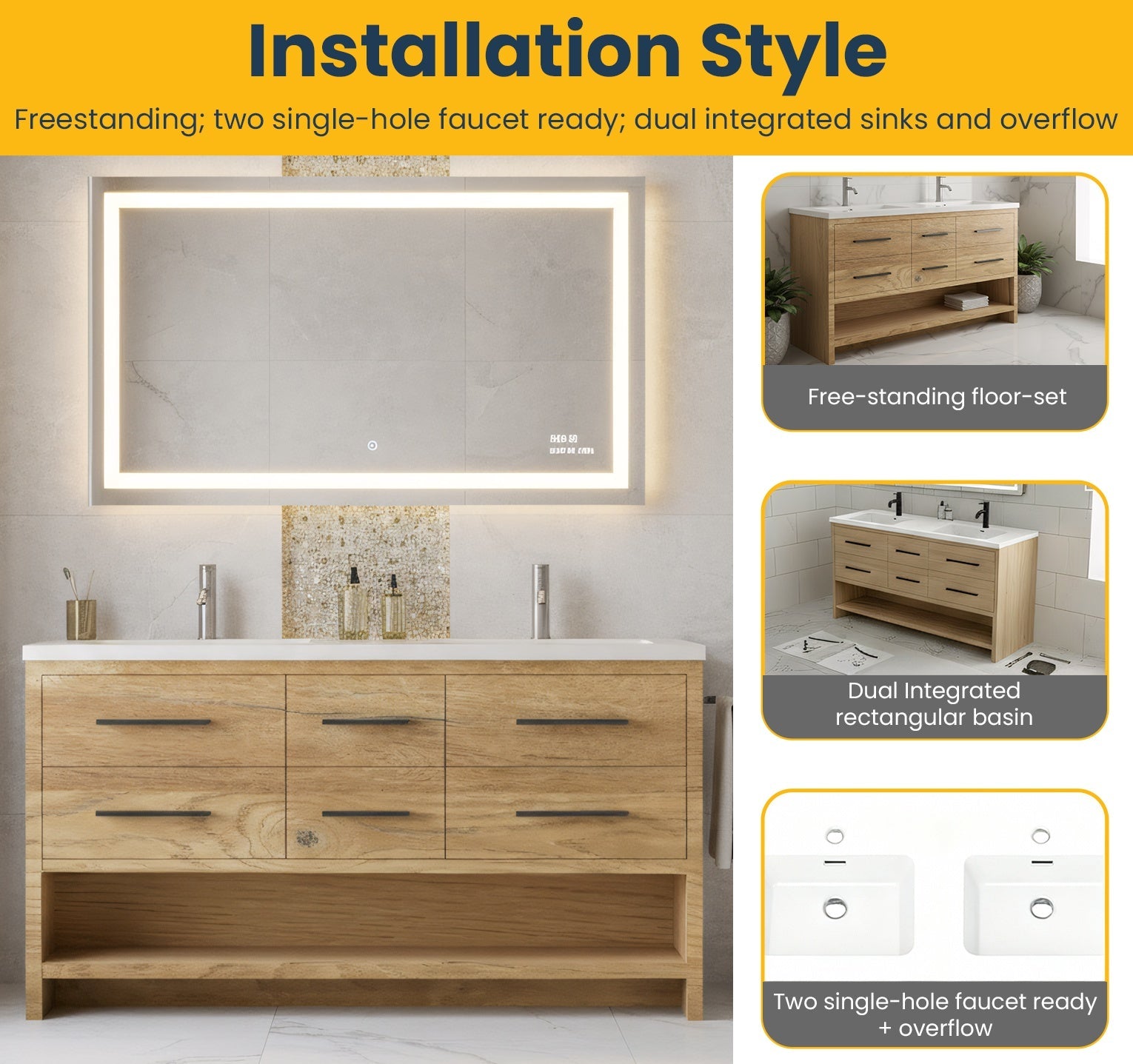 72" Rough Oak Freestanding Double Sink Bathroom Vanity with White Polymarble Countertop-Migration_Bathroom Vanities-DECOROLALA