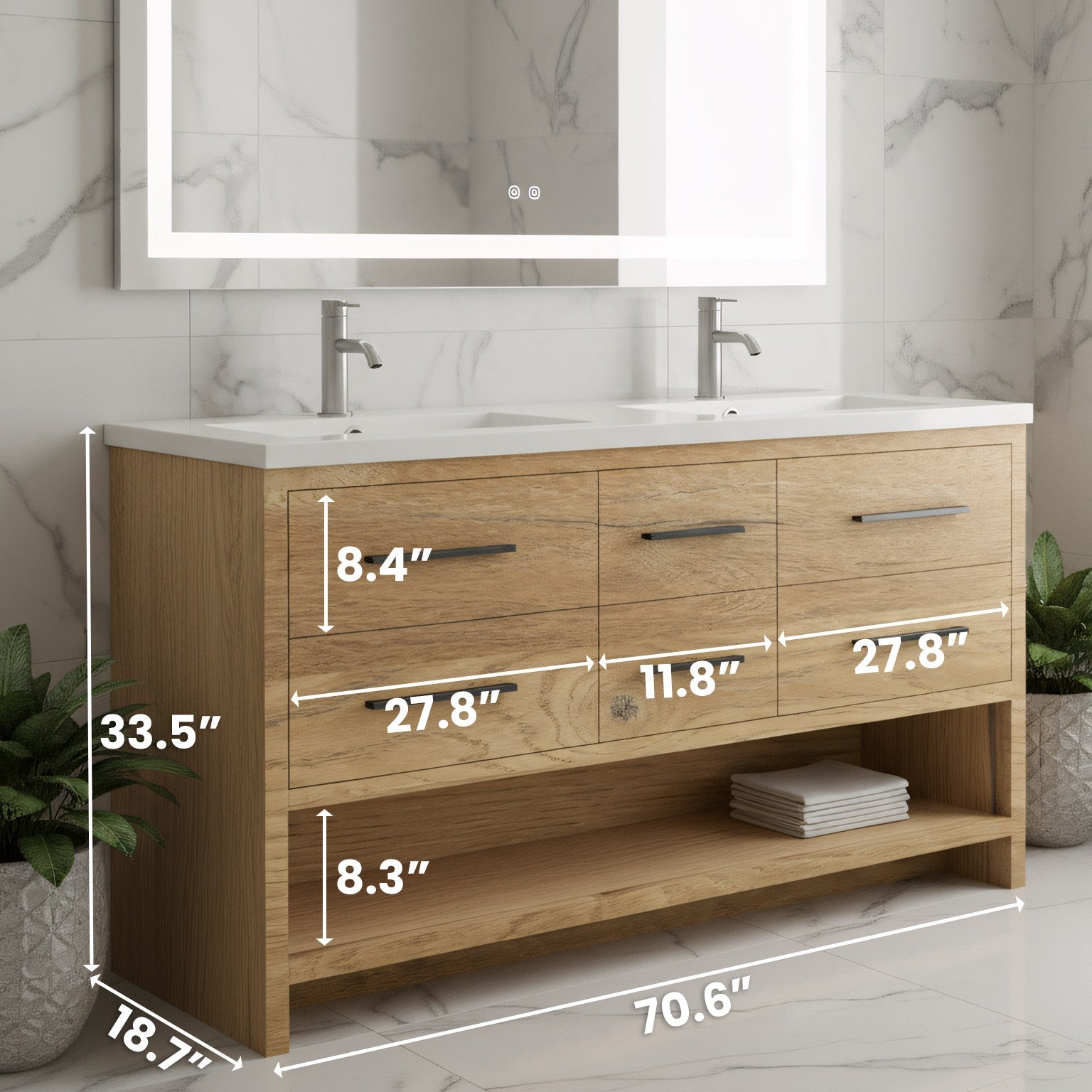 72" Rough Oak Freestanding Double Sink Bathroom Vanity with White Polymarble Countertop-Migration_Bathroom Vanities-DECOROLALA