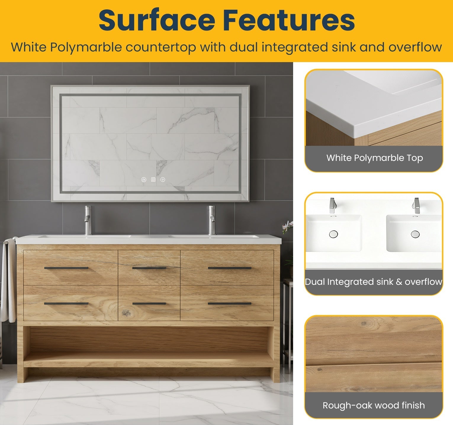 72" Rough Oak Freestanding Double Sink Bathroom Vanity with White Polymarble Countertop-Migration_Bathroom Vanities-DECOROLALA