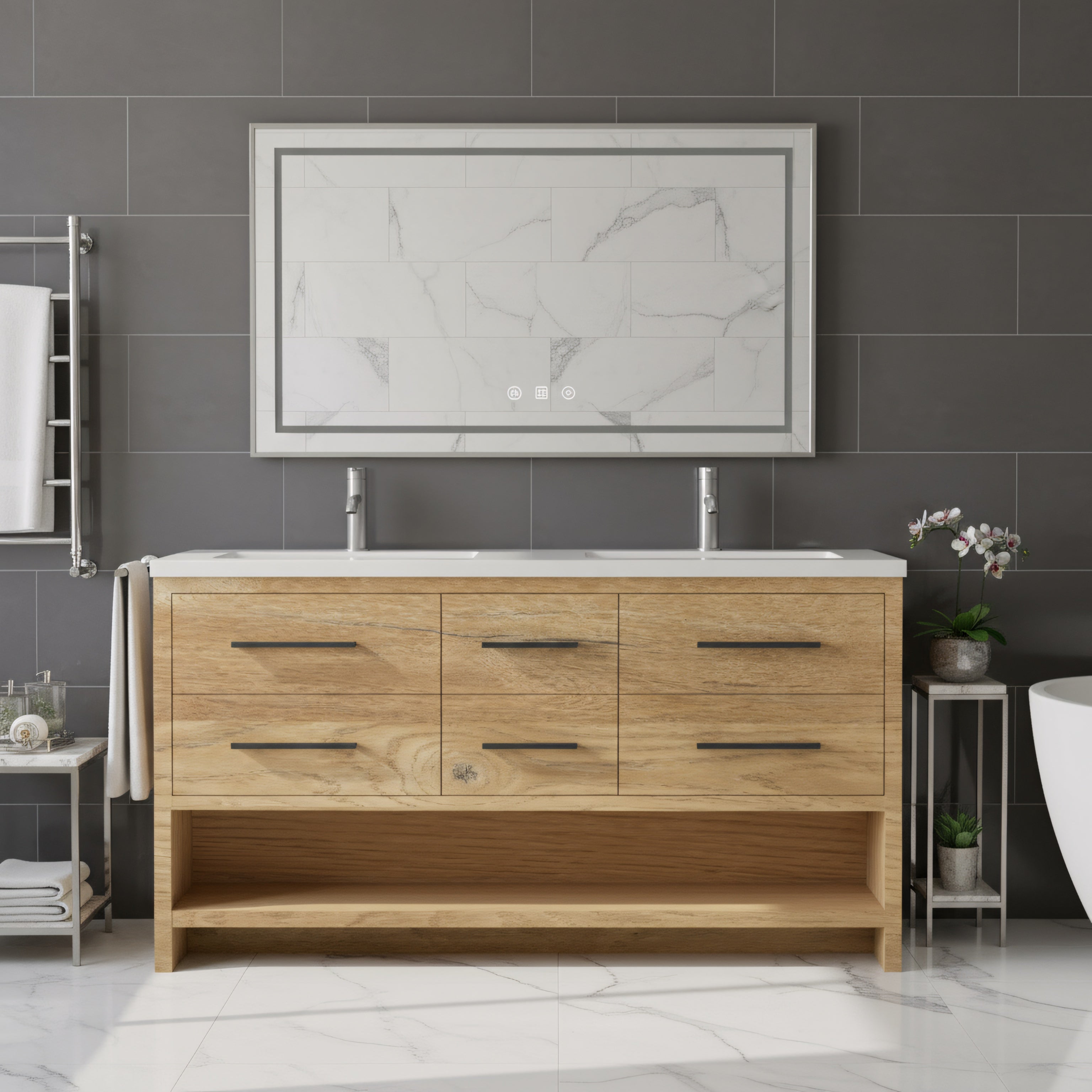 72" Rough Oak Freestanding Double Sink Bathroom Vanity with White Polymarble Countertop-Migration_Bathroom Vanities-DECOROLALA