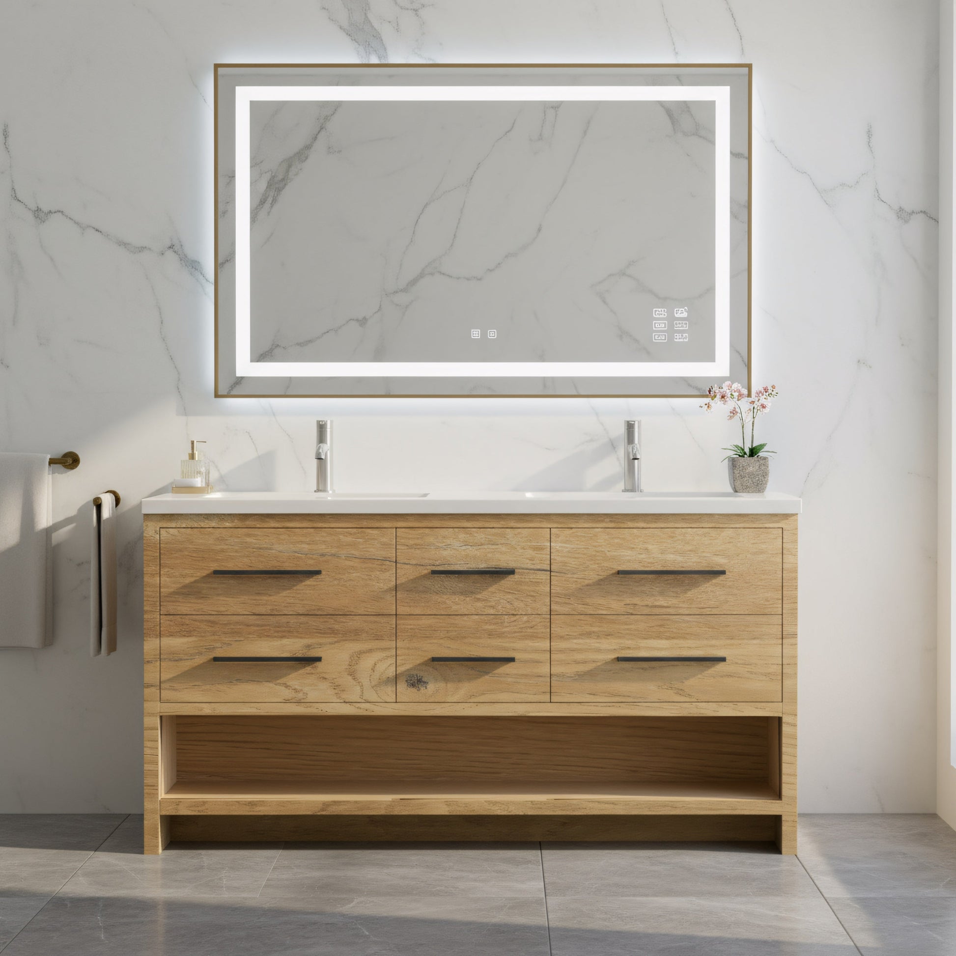 72" Rough Oak Freestanding Double Sink Bathroom Vanity with White Polymarble Countertop-Migration_Bathroom Vanities-DECOROLALA
