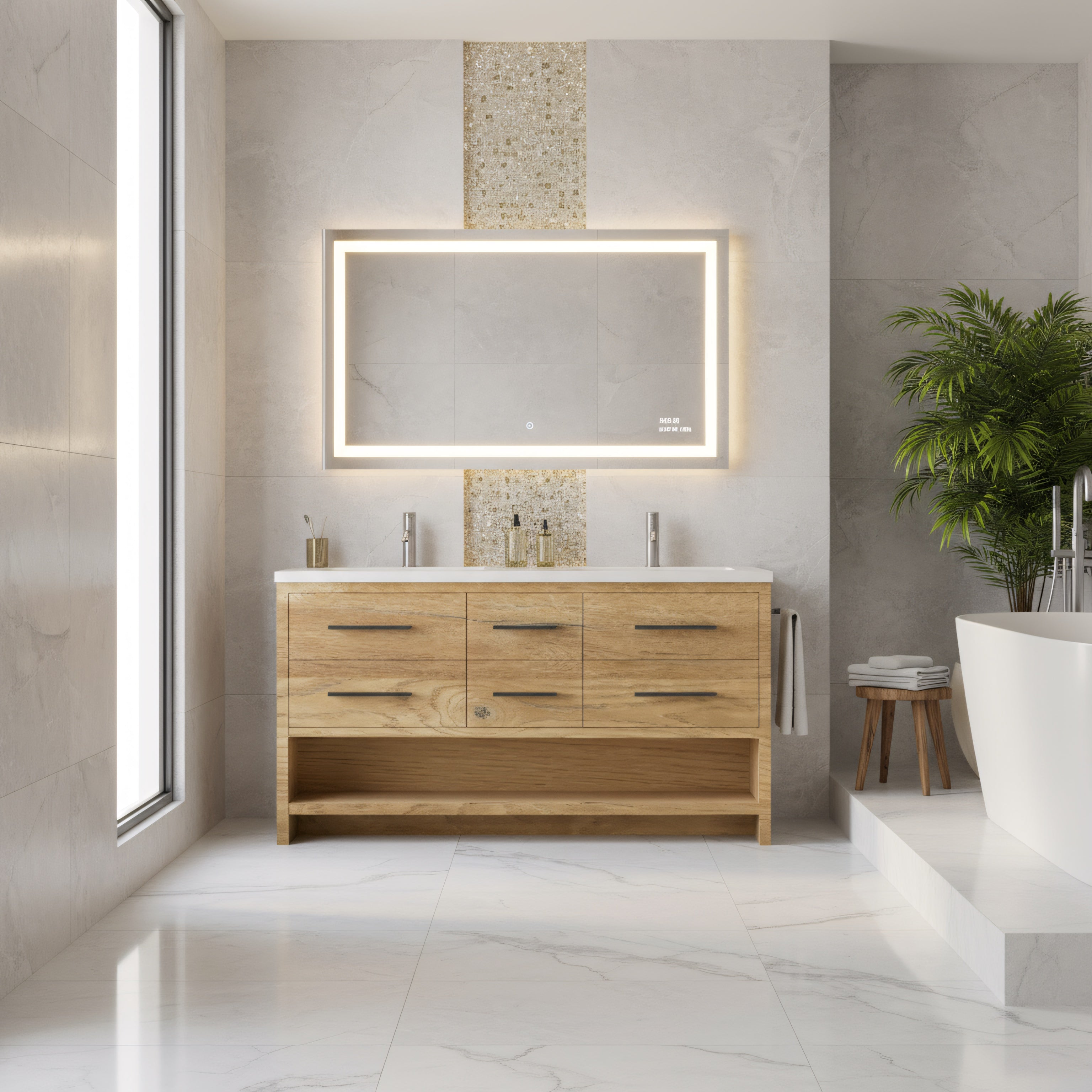 72" Rough Oak Freestanding Double Sink Bathroom Vanity with White Polymarble Countertop-Migration_Bathroom Vanities-DECOROLALA