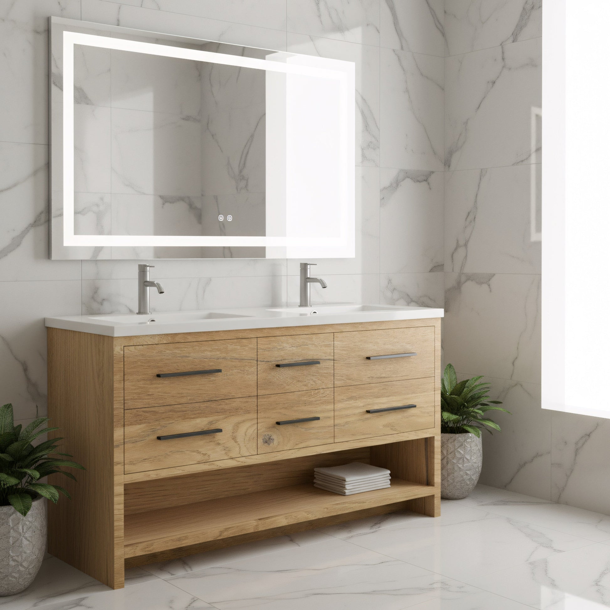 72" Rough Oak Freestanding Double Sink Bathroom Vanity with White Polymarble Countertop-Migration_Bathroom Vanities-DECOROLALA