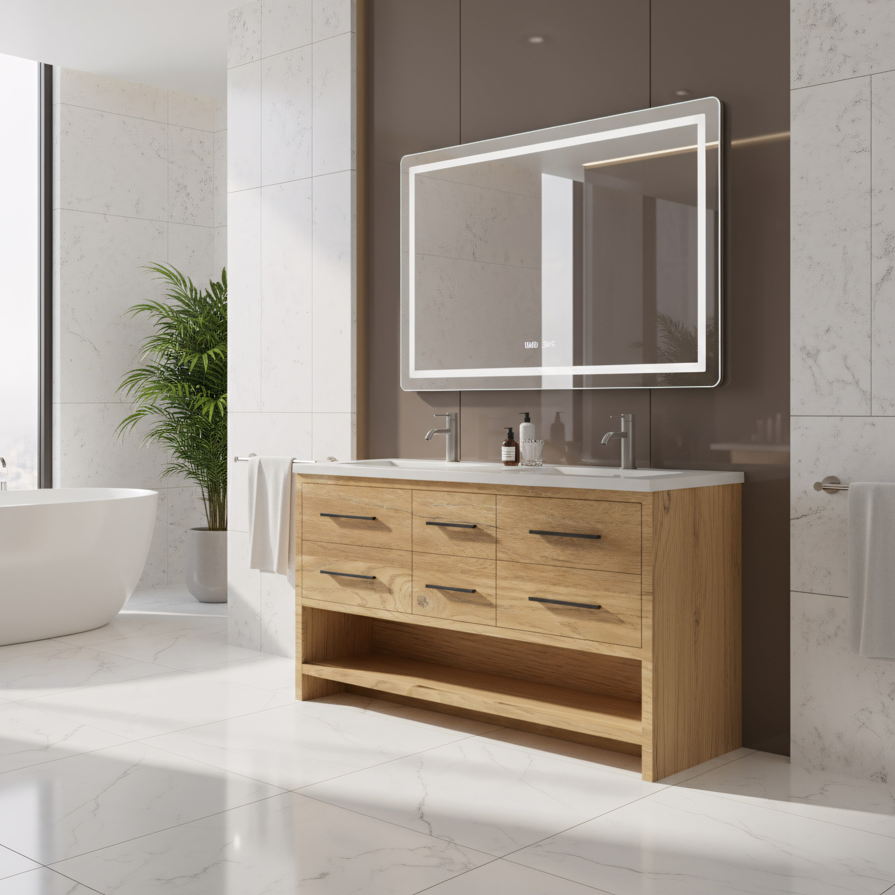 72" Rough Oak Freestanding Double Sink Bathroom Vanity with White Polymarble Countertop-Migration_Bathroom Vanities-DECOROLALA