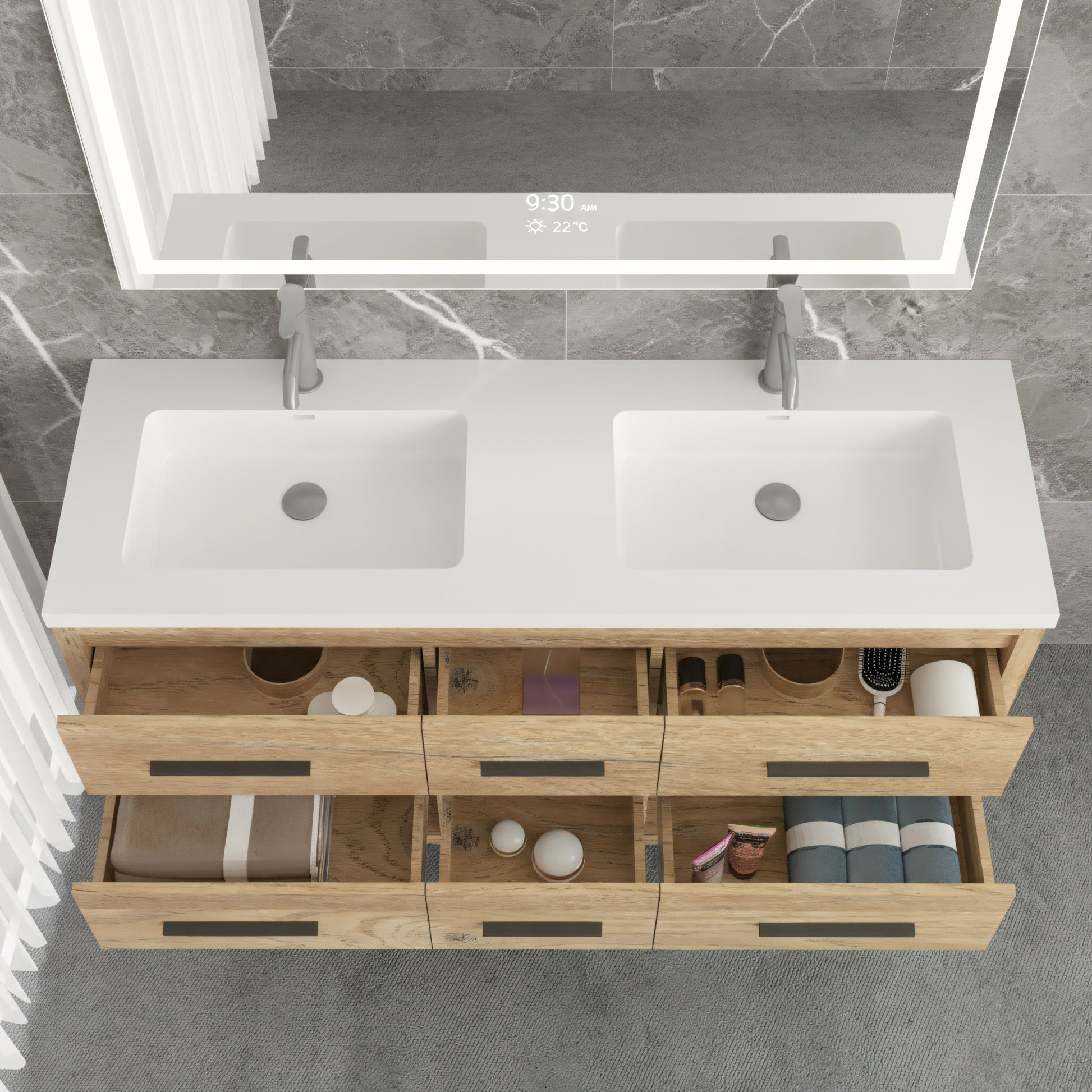 72" Rough Oak Freestanding Double Sink Bathroom Vanity with White Polymarble Countertop-Migration_Bathroom Vanities-DECOROLALA