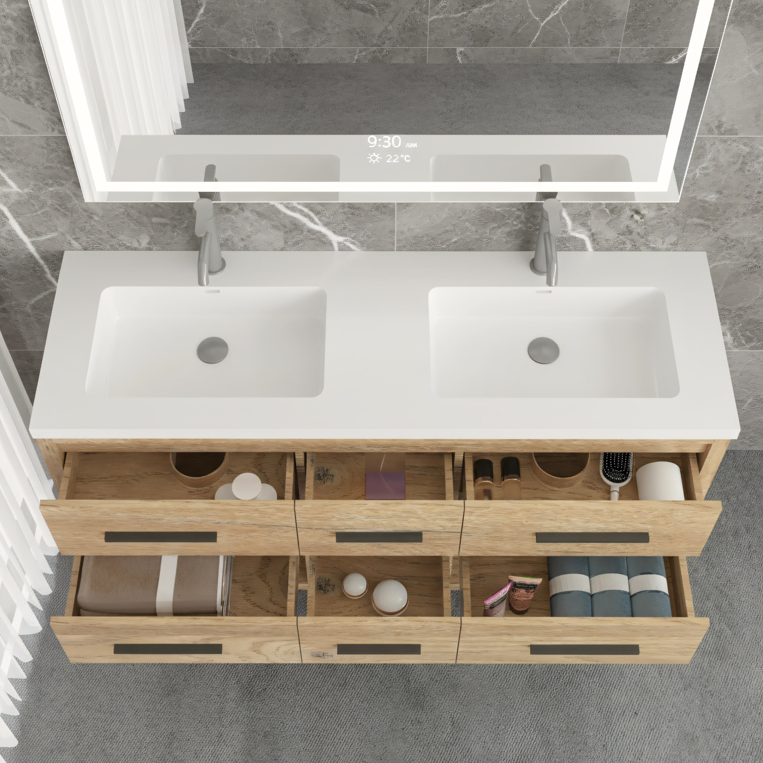 72" Rough Oak Freestanding Double Sink Bathroom Vanity with White Polymarble Countertop-Migration_Bathroom Vanities-DECOROLALA