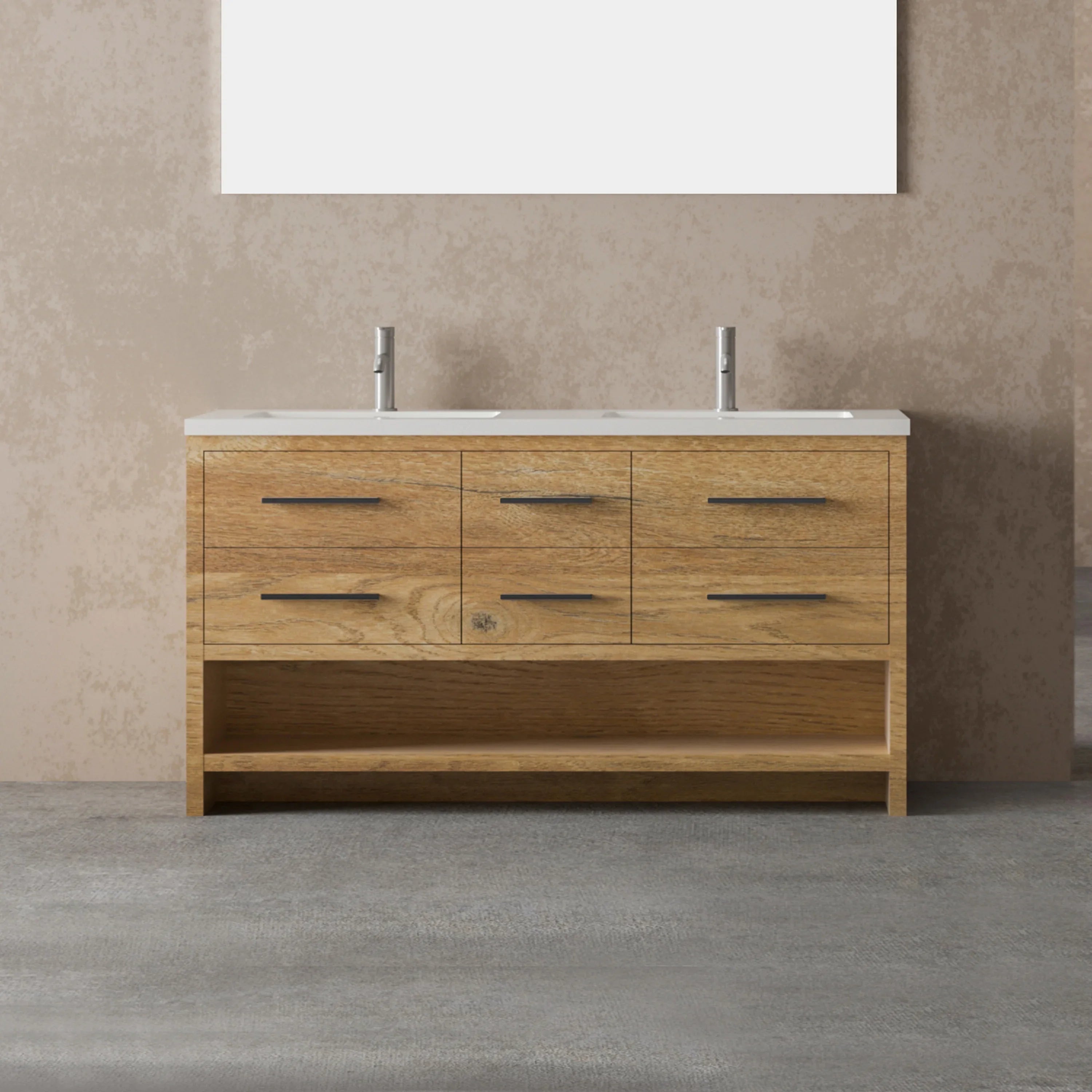 72" Rough Oak Freestanding Double Sink Bathroom Vanity with White Polymarble Countertop-Migration_Bathroom Vanities-DECOROLALA