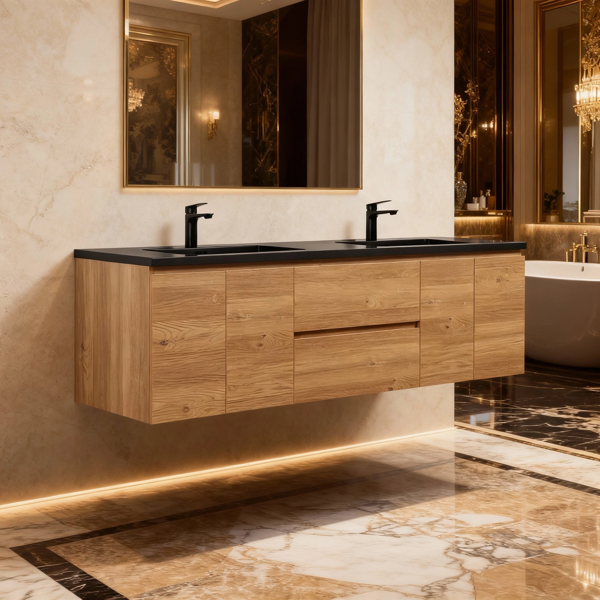 72" Rough Oak Wall Mount Double Sink Bathroom Vanity with Black Quartz Countertop-Migration_Bathroom Vanities-DECOROLALA