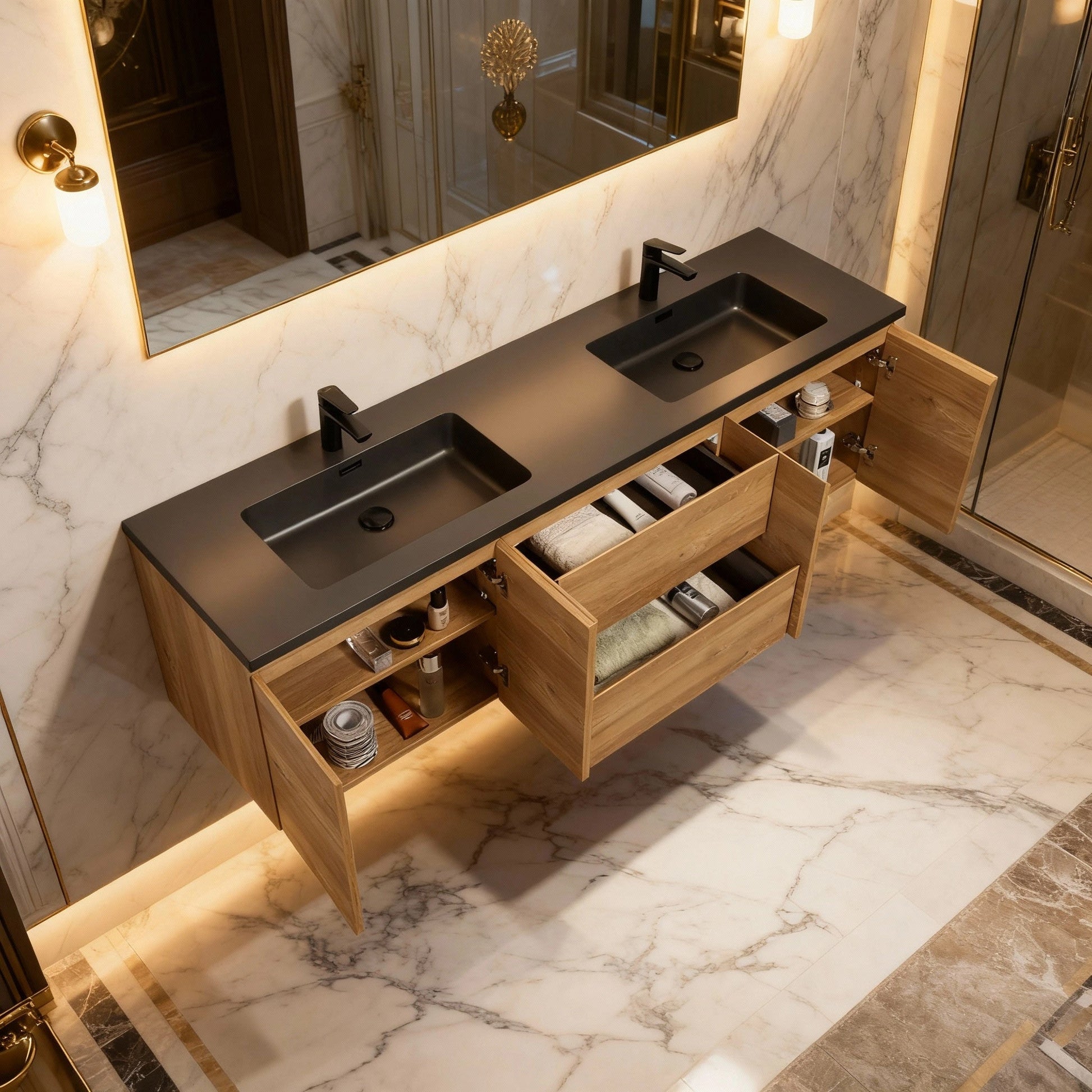 72" Rough Oak Wall Mount Double Sink Bathroom Vanity with Black Quartz Countertop-Migration_Bathroom Vanities-DECOROLALA