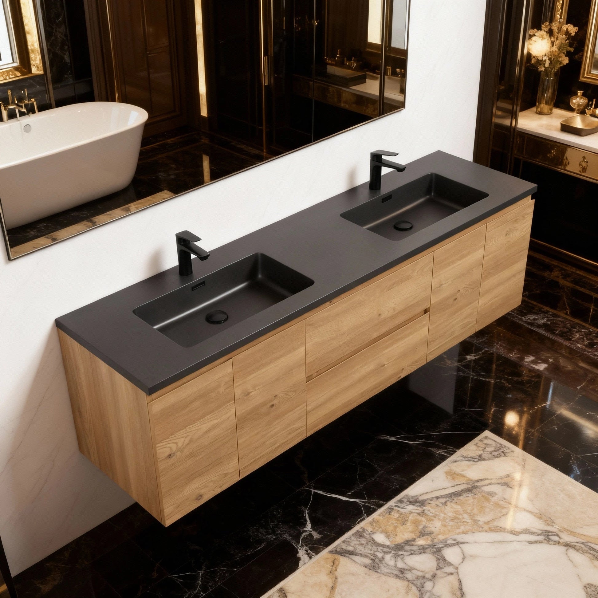 72" Rough Oak Wall Mount Double Sink Bathroom Vanity with Black Quartz Countertop-Migration_Bathroom Vanities-DECOROLALA
