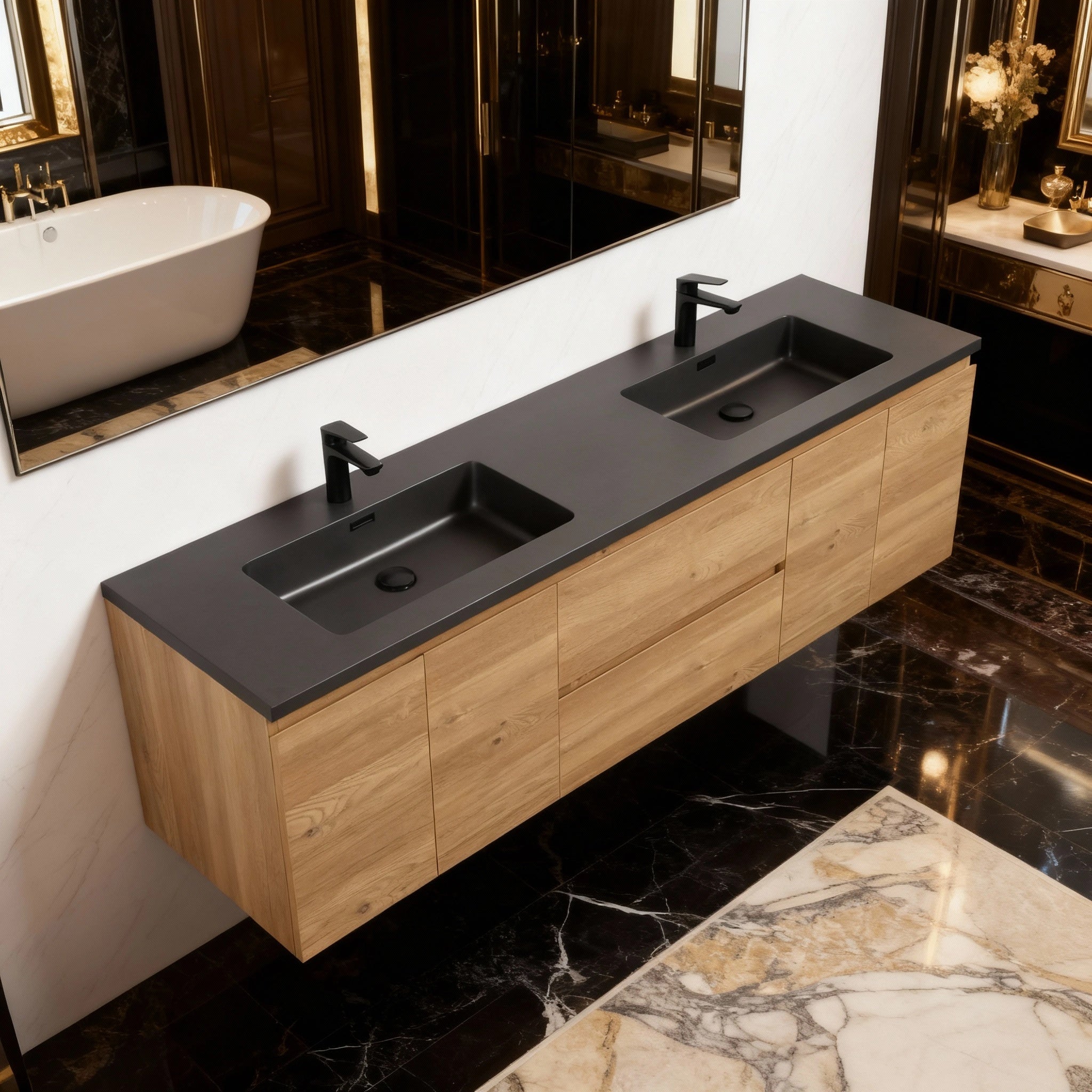 72" Rough Oak Wall Mount Double Sink Bathroom Vanity with Black Quartz Countertop-Migration_Bathroom Vanities-DECOROLALA