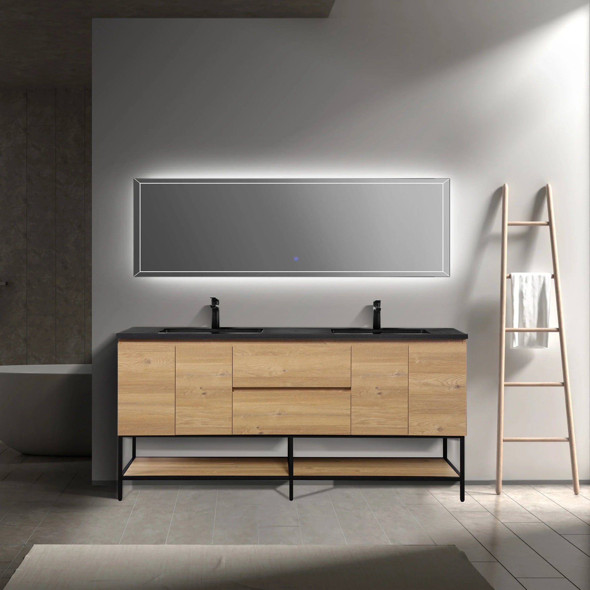 72" Rough Oak Wall Mount Double Sink Bathroom Vanity with Black Quartz Countertop-Migration_Bathroom Vanities-DECOROLALA