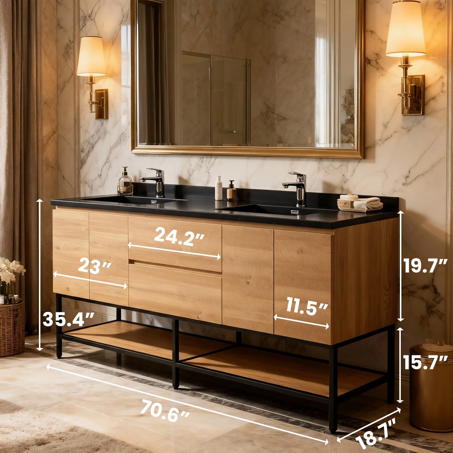 72" Rough Oak Wall Mount Double Sink Bathroom Vanity with Black Quartz Countertop-Migration_Bathroom Vanities-DECOROLALA