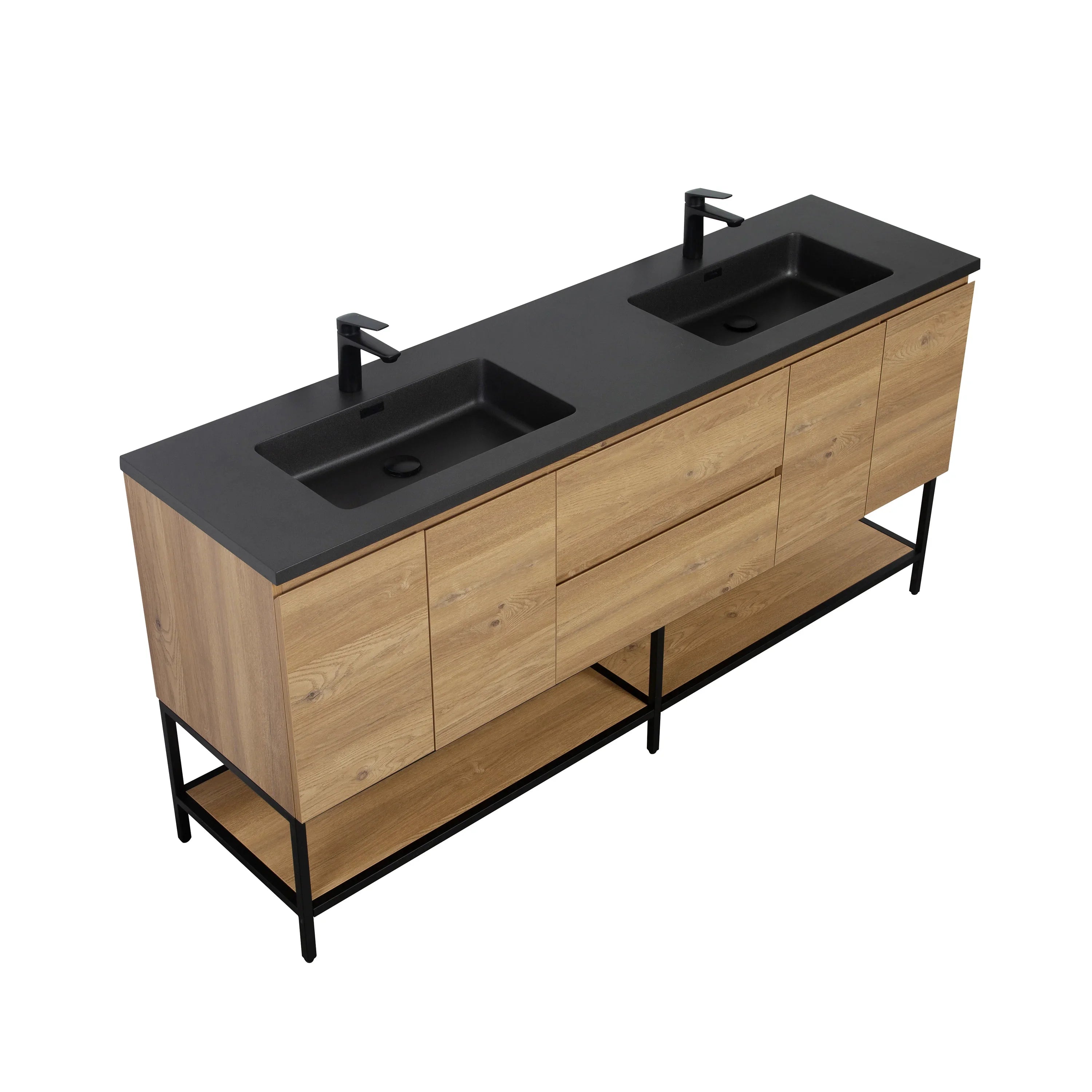 72" Rough Oak Wall Mount Double Sink Bathroom Vanity with Black Quartz Countertop-Migration_Bathroom Vanities-DECOROLALA