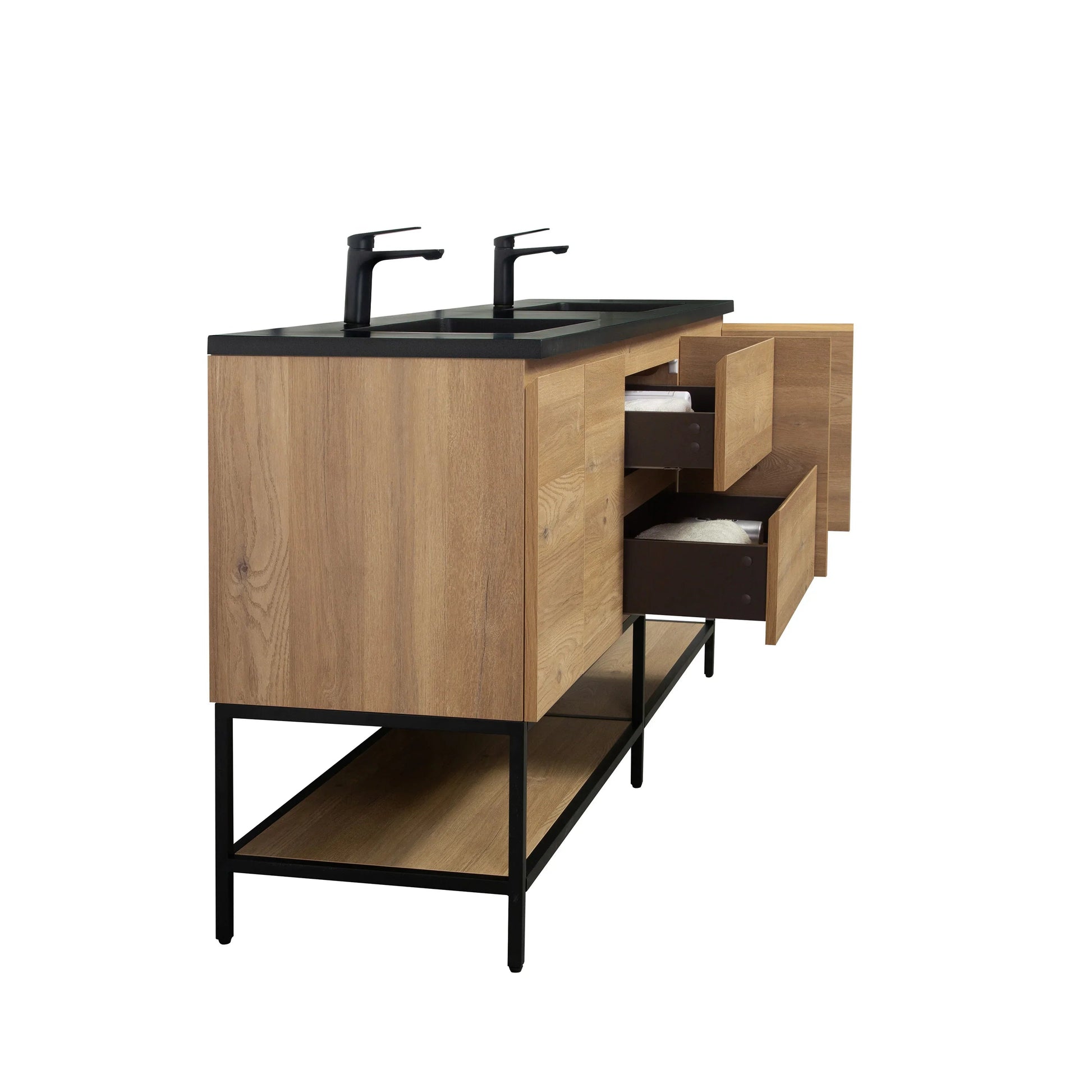 72" Rough Oak Wall Mount Double Sink Bathroom Vanity with Black Quartz Countertop-Migration_Bathroom Vanities-DECOROLALA