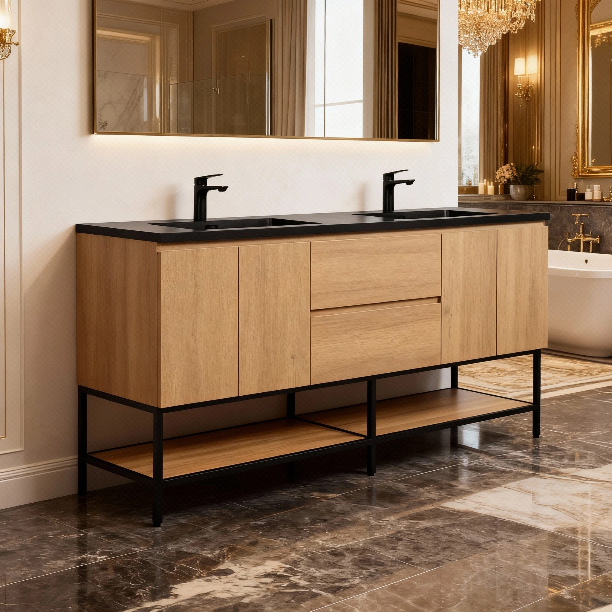 72" Rough Oak Wall Mount Double Sink Bathroom Vanity with Black Quartz Countertop-Migration_Bathroom Vanities-DECOROLALA