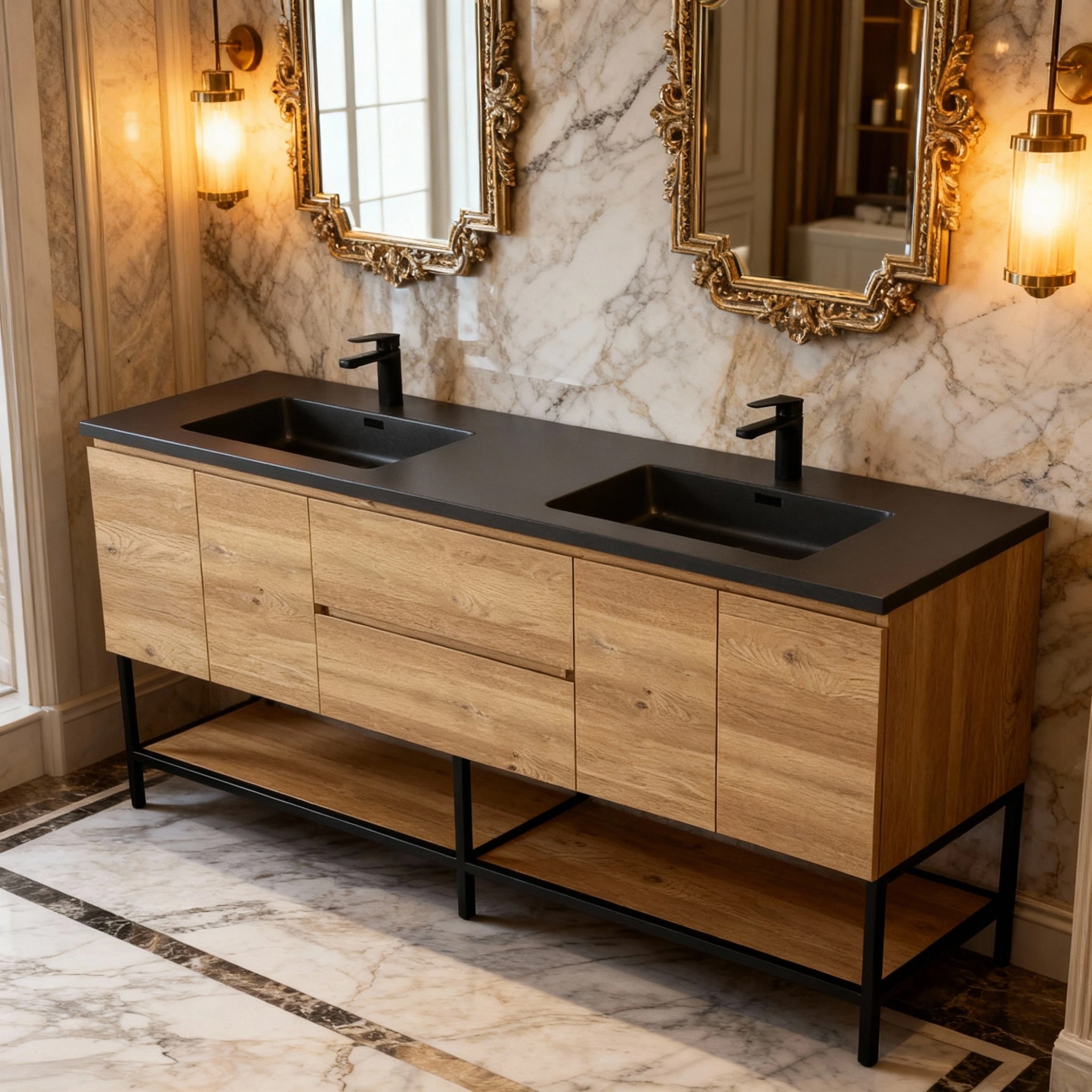 72" Rough Oak Wall Mount Double Sink Bathroom Vanity with Black Quartz Countertop-Migration_Bathroom Vanities-DECOROLALA