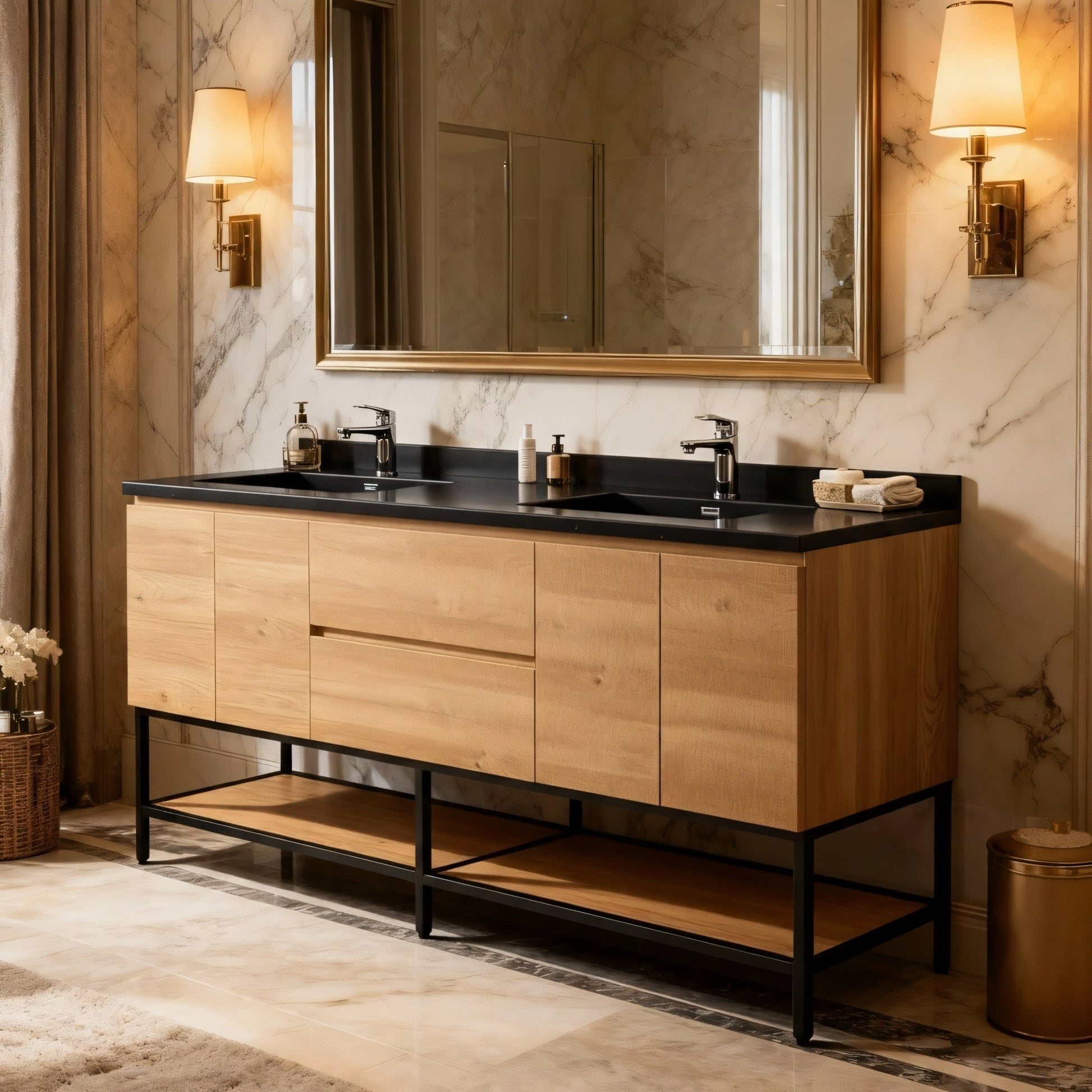 72" Rough Oak Wall Mount Double Sink Bathroom Vanity with Black Quartz Countertop-Migration_Bathroom Vanities-DECOROLALA