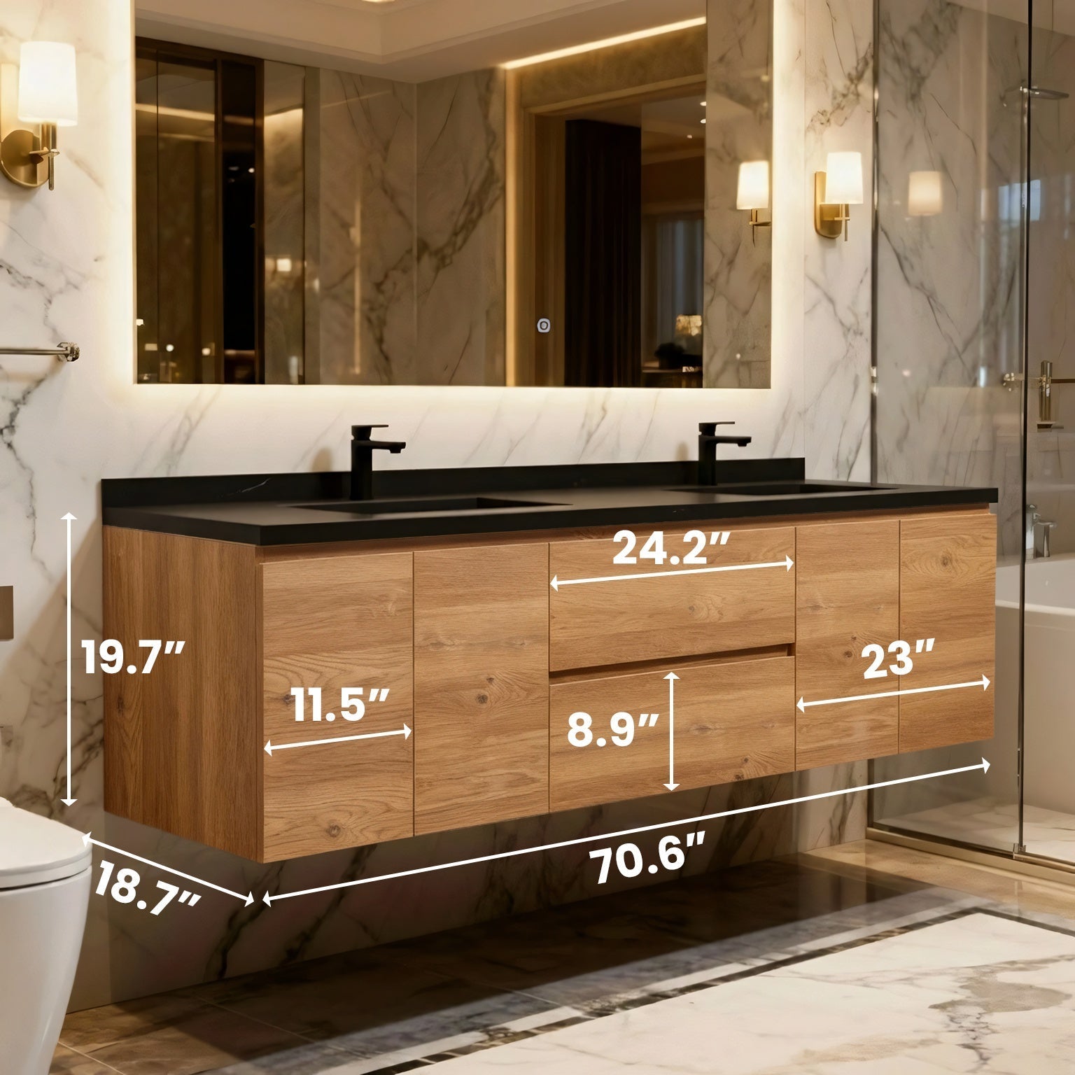 72" Rough Oak Wall Mount Double Sink Bathroom Vanity with Black Quartz Countertop-Migration_Bathroom Vanities-DECOROLALA