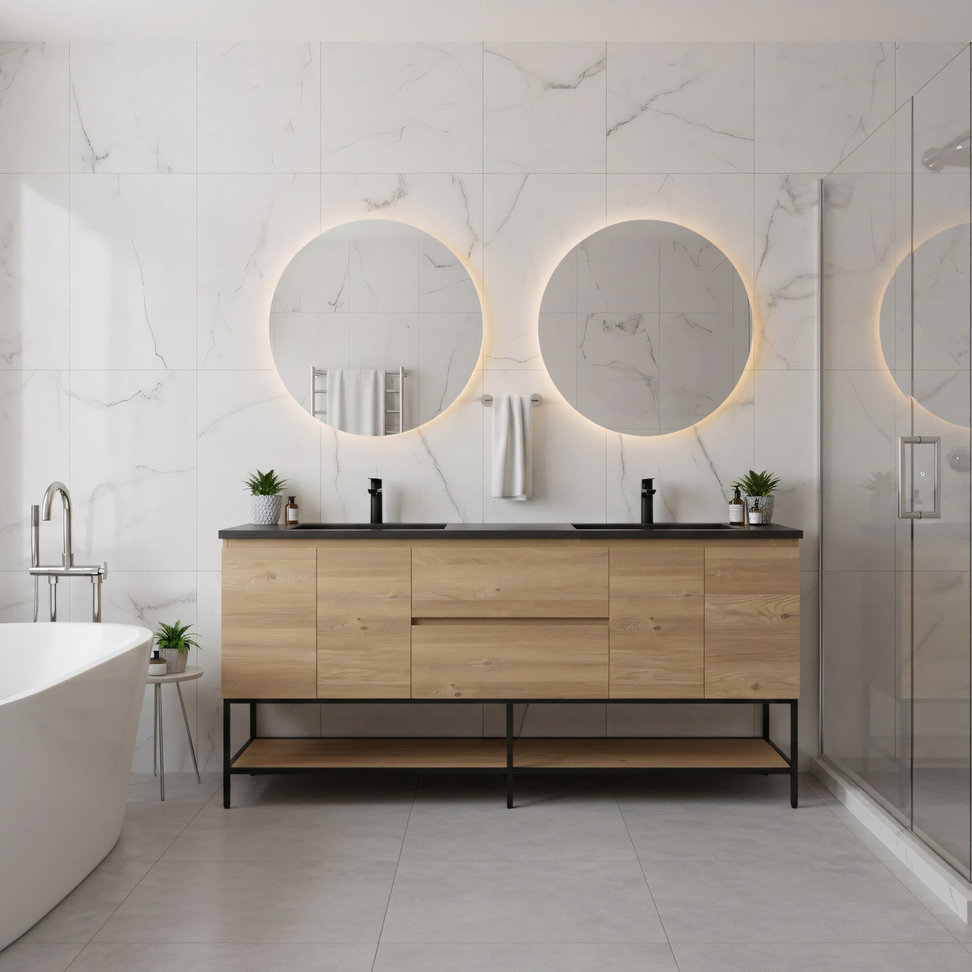 72" Rough Oak Wall Mount Double Sink Bathroom Vanity with Black Quartz Countertop-Migration_Bathroom Vanities-DECOROLALA