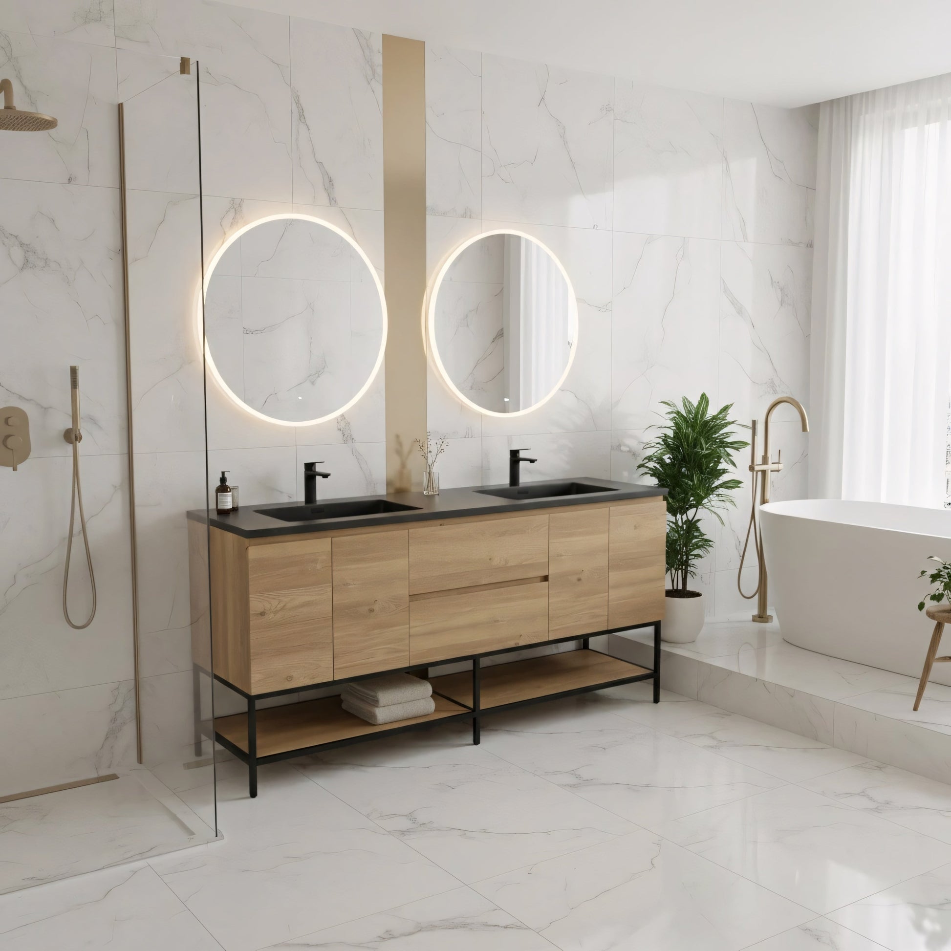 72" Rough Oak Wall Mount Double Sink Bathroom Vanity with Black Quartz Countertop-Migration_Bathroom Vanities-DECOROLALA