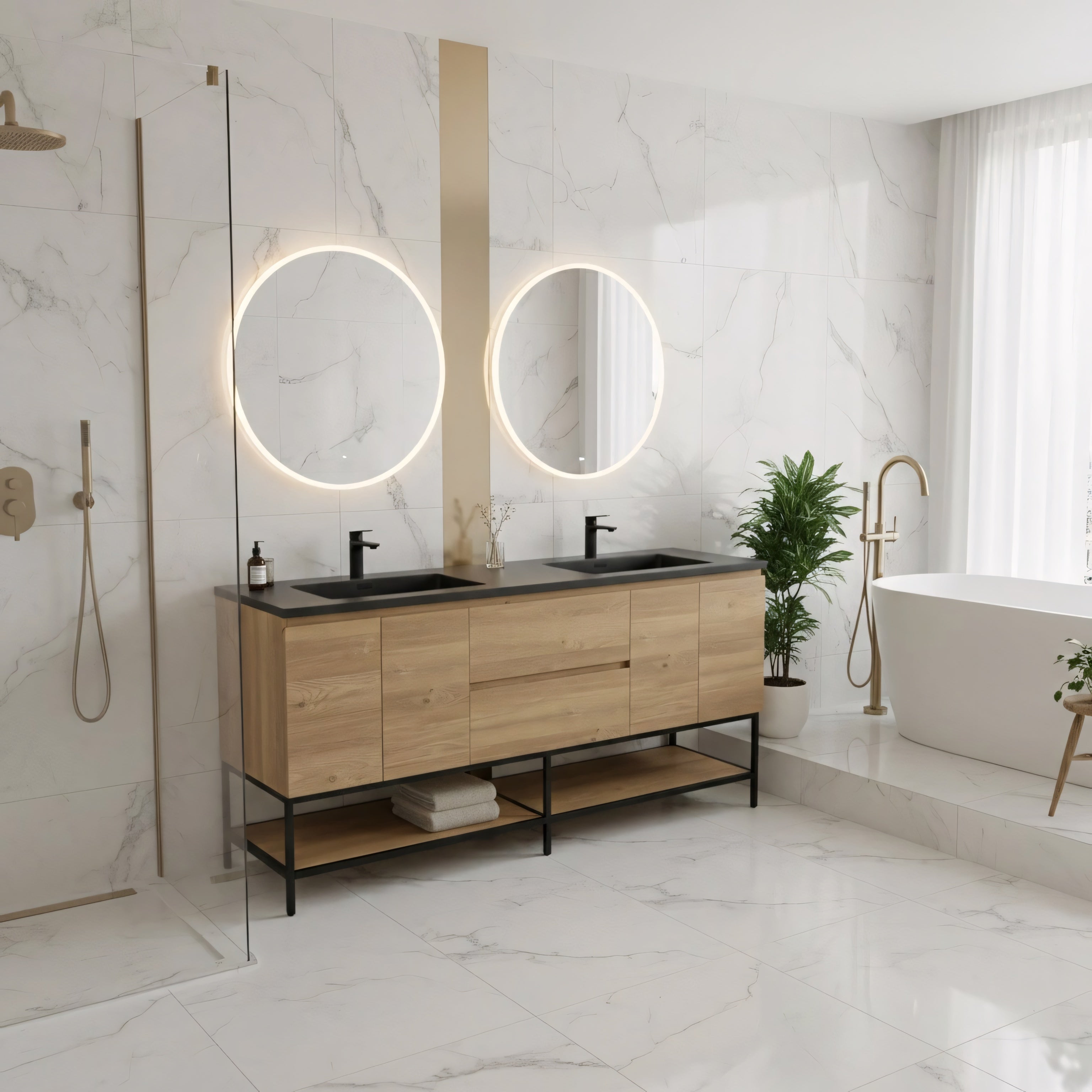 72" Rough Oak Wall Mount Double Sink Bathroom Vanity with Black Quartz Countertop-Migration_Bathroom Vanities-DECOROLALA