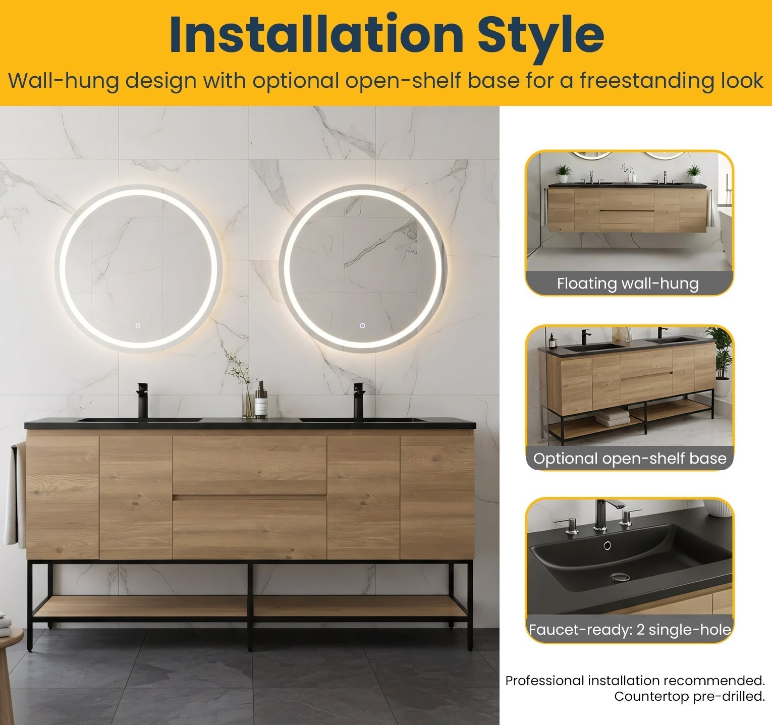 72" Rough Oak Wall Mount Double Sink Bathroom Vanity with Black Quartz Countertop-Migration_Bathroom Vanities-DECOROLALA