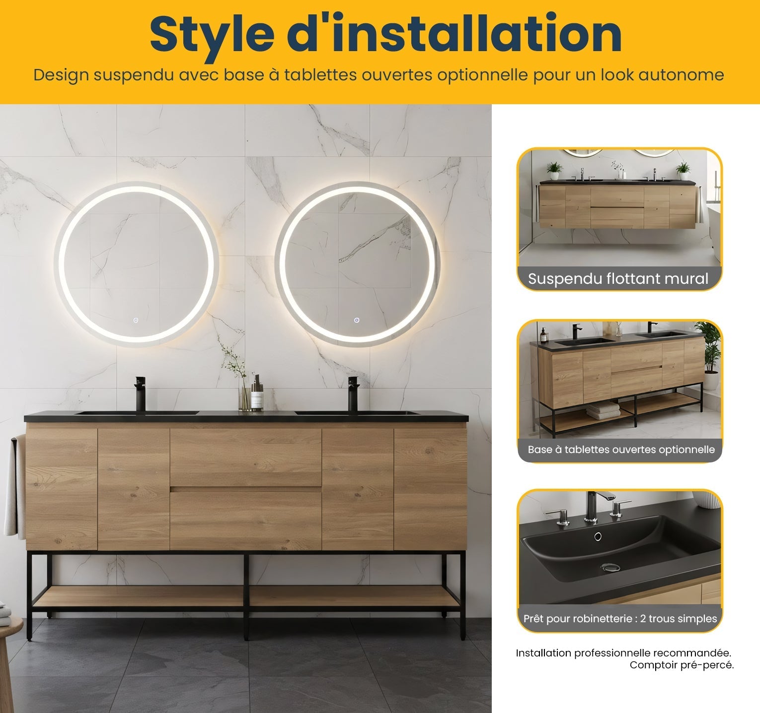 72" Rough Oak Wall Mount Double Sink Bathroom Vanity with Black Quartz Countertop-Migration_Bathroom Vanities-DECOROLALA