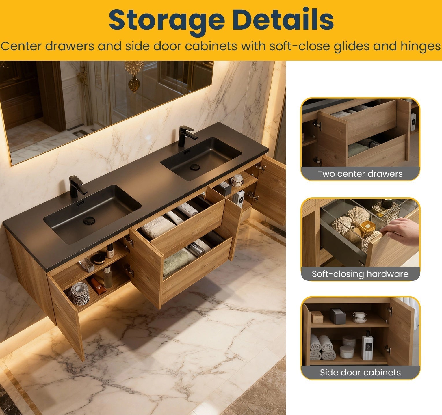 72" Rough Oak Wall Mount Double Sink Bathroom Vanity with Black Quartz Countertop-Migration_Bathroom Vanities-DECOROLALA