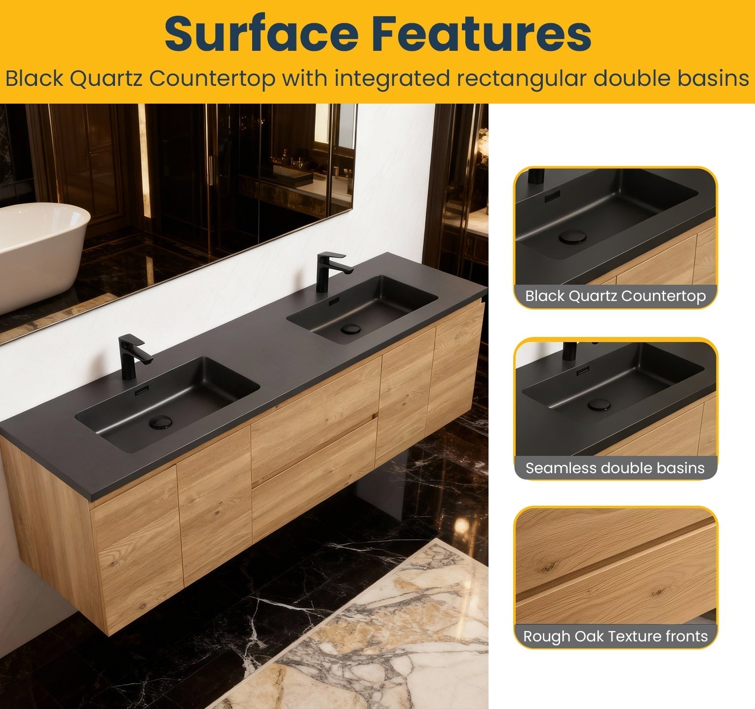 72" Rough Oak Wall Mount Double Sink Bathroom Vanity with Black Quartz Countertop-Migration_Bathroom Vanities-DECOROLALA