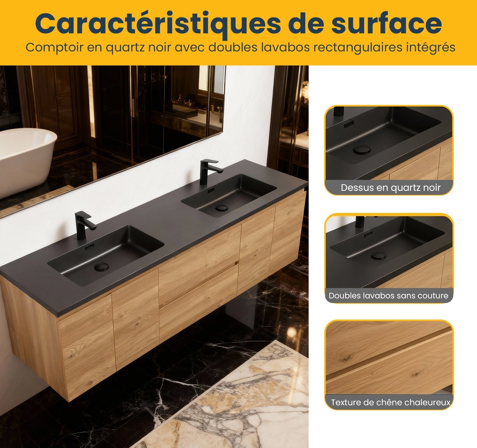 72" Rough Oak Wall Mount Double Sink Bathroom Vanity with Black Quartz Countertop-Migration_Bathroom Vanities-DECOROLALA