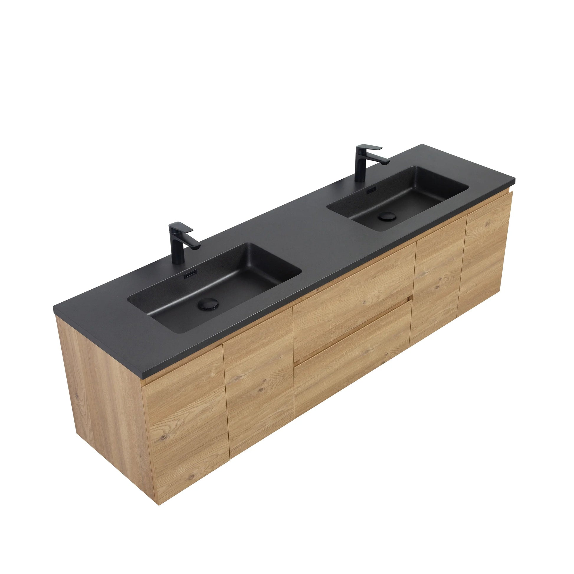 72" Rough Oak Wall Mount Double Sink Bathroom Vanity with Black Quartz Countertop-Migration_Bathroom Vanities-DECOROLALA