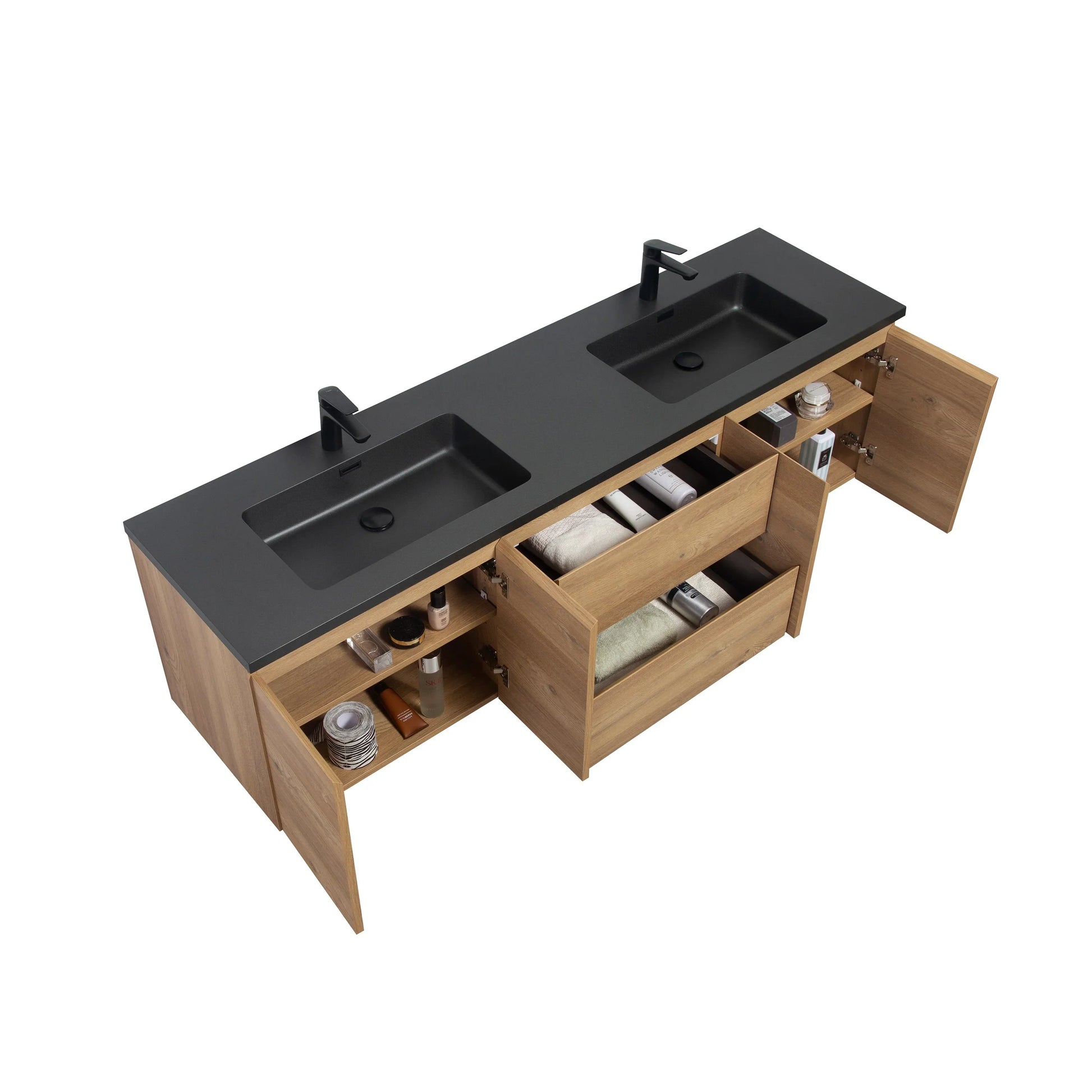 72" Rough Oak Wall Mount Double Sink Bathroom Vanity with Black Quartz Countertop-Migration_Bathroom Vanities-DECOROLALA