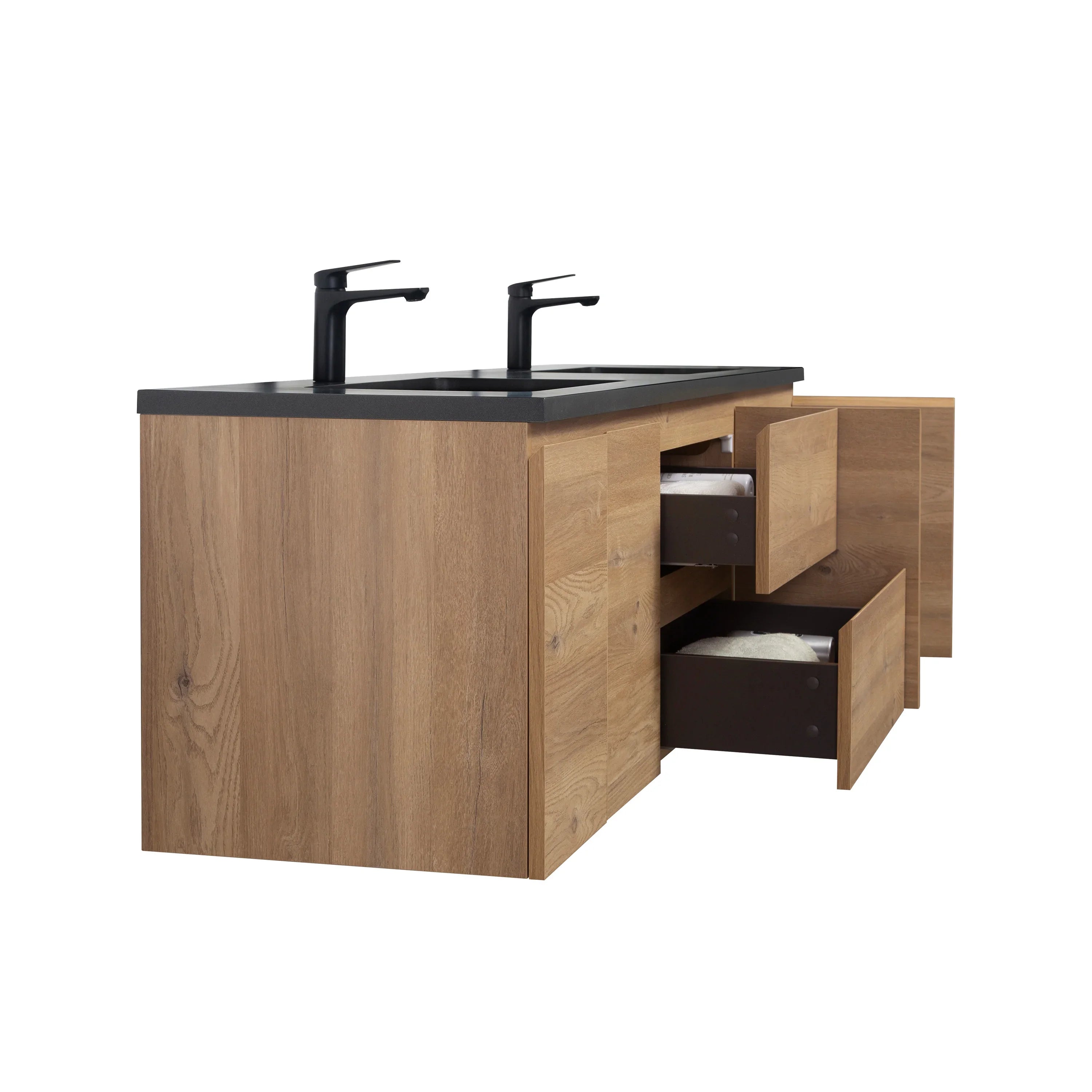 72" Rough Oak Wall Mount Double Sink Bathroom Vanity with Black Quartz Countertop-Migration_Bathroom Vanities-DECOROLALA