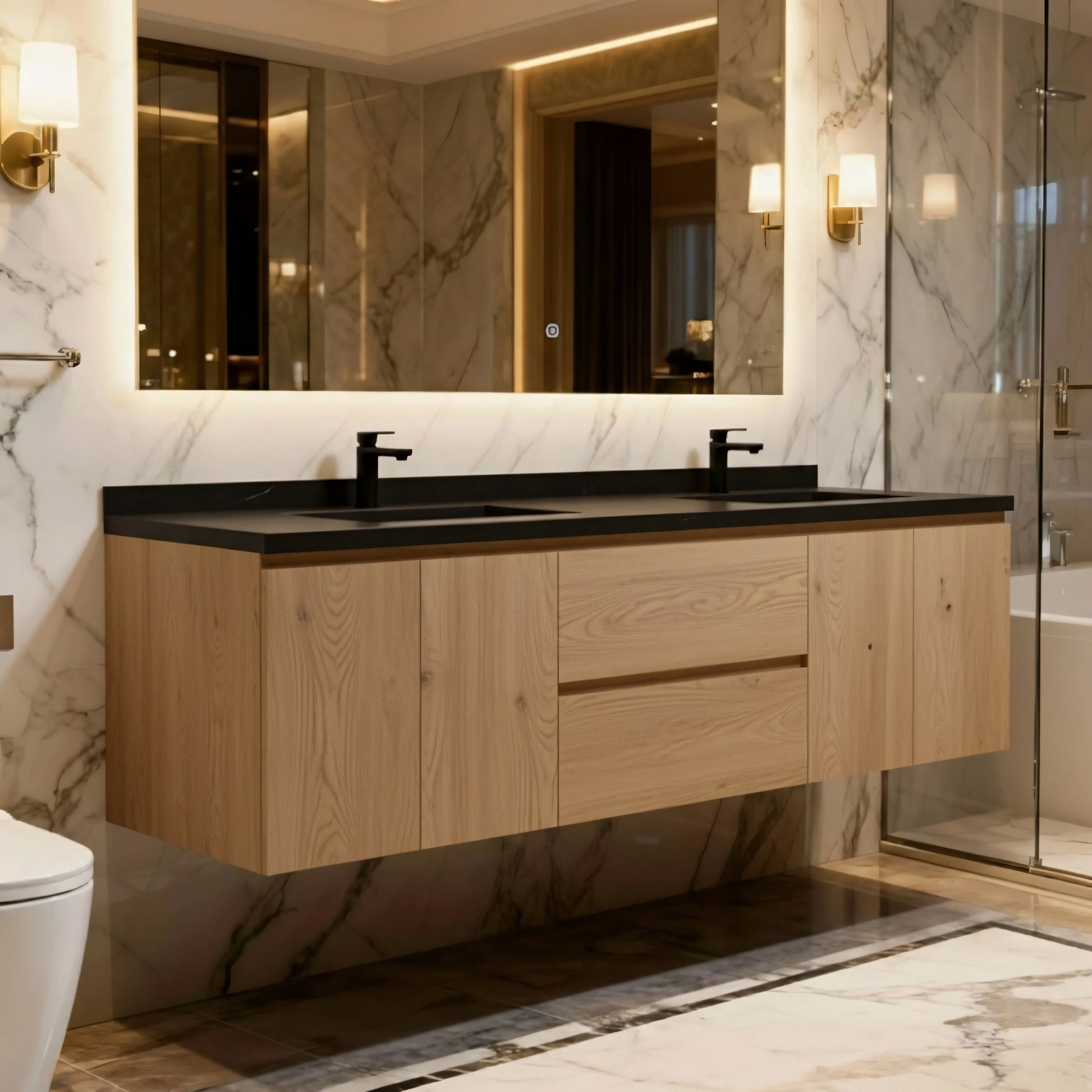 72" Rough Oak Wall Mount Double Sink Bathroom Vanity with Black Quartz Countertop-Migration_Bathroom Vanities-DECOROLALA