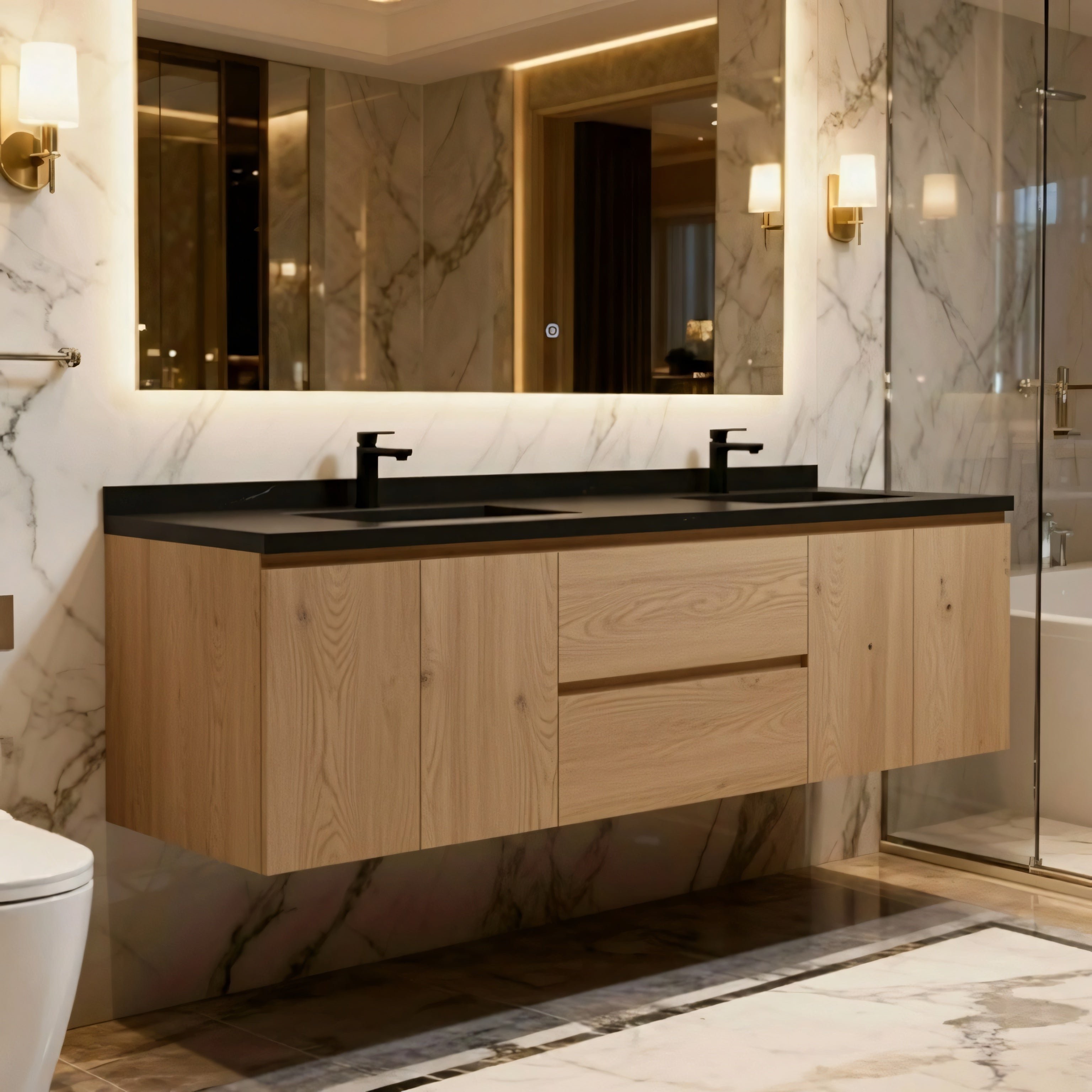 72" Rough Oak Wall Mount Double Sink Bathroom Vanity with Black Quartz Countertop-Migration_Bathroom Vanities-DECOROLALA