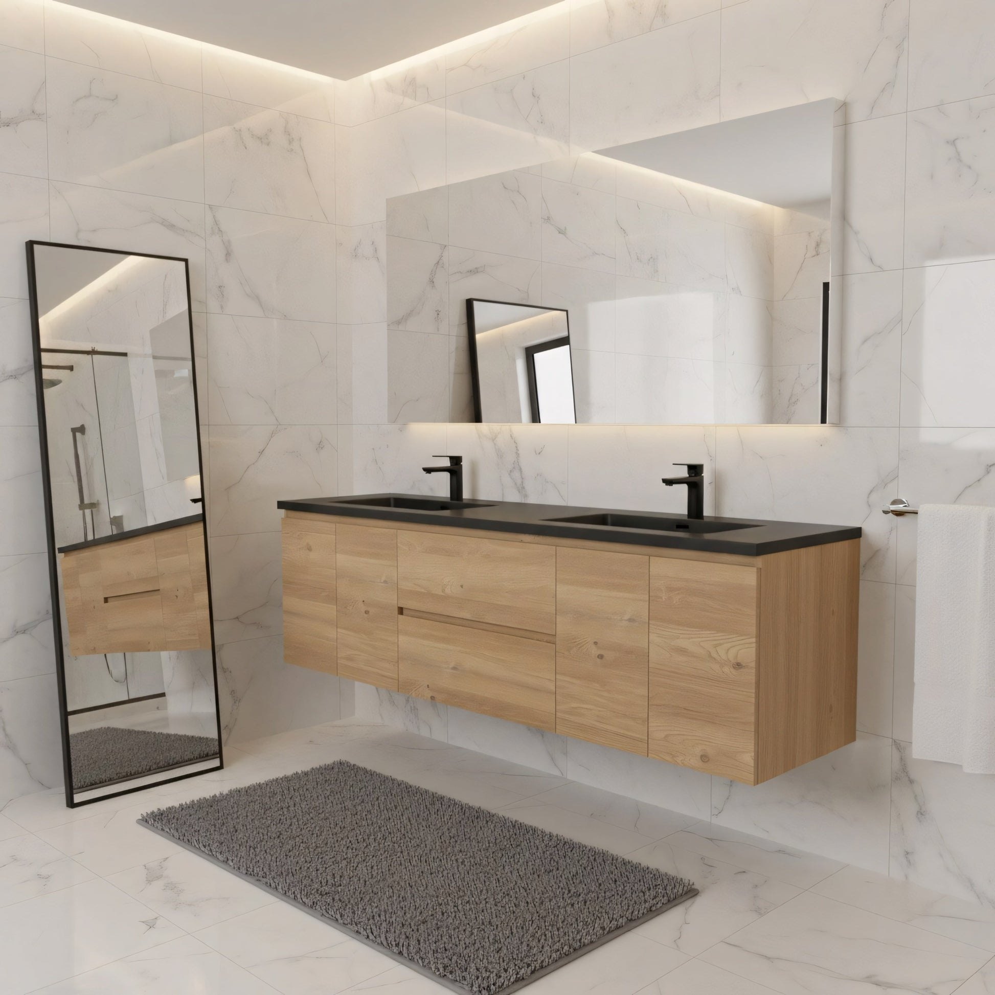 72" Rough Oak Wall Mount Double Sink Bathroom Vanity with Black Quartz Countertop-Migration_Bathroom Vanities-DECOROLALA