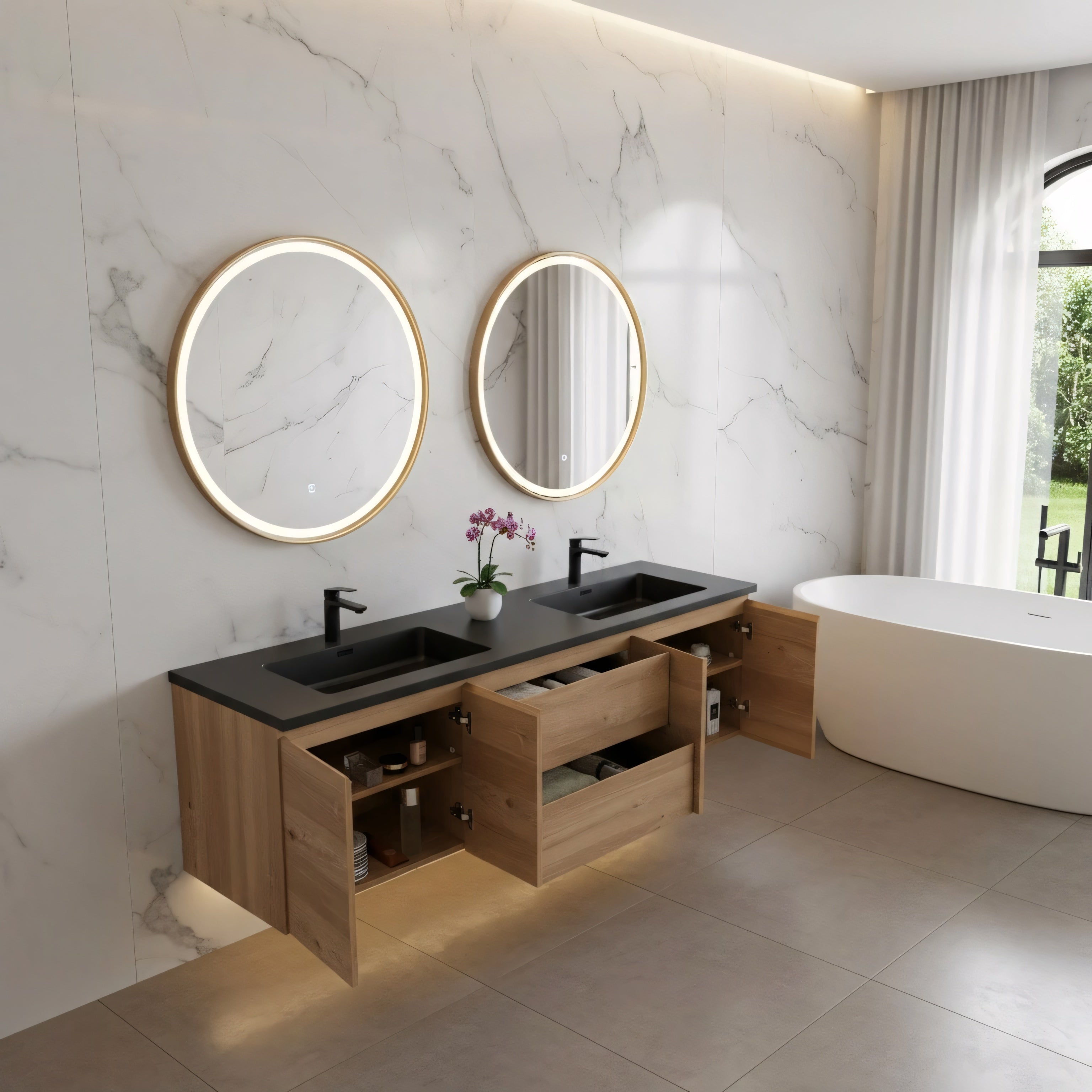 72" Rough Oak Wall Mount Double Sink Bathroom Vanity with Black Quartz Countertop-Migration_Bathroom Vanities-DECOROLALA