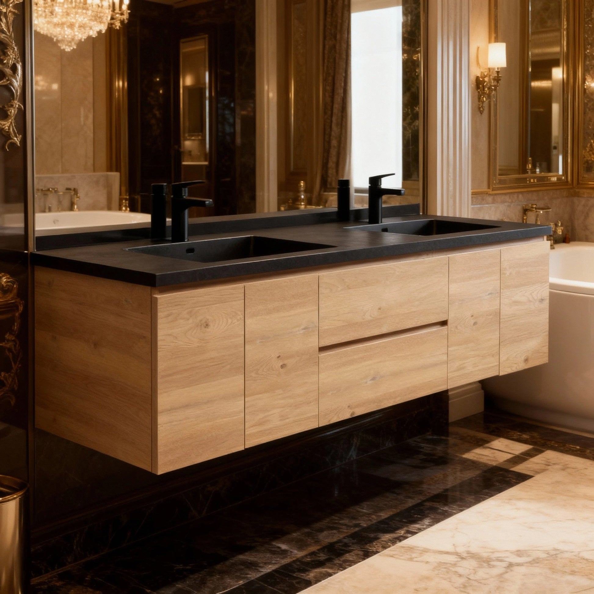 72" Rough Oak Wall Mount Double Sink Bathroom Vanity with Black Quartz Countertop-Migration_Bathroom Vanities-DECOROLALA