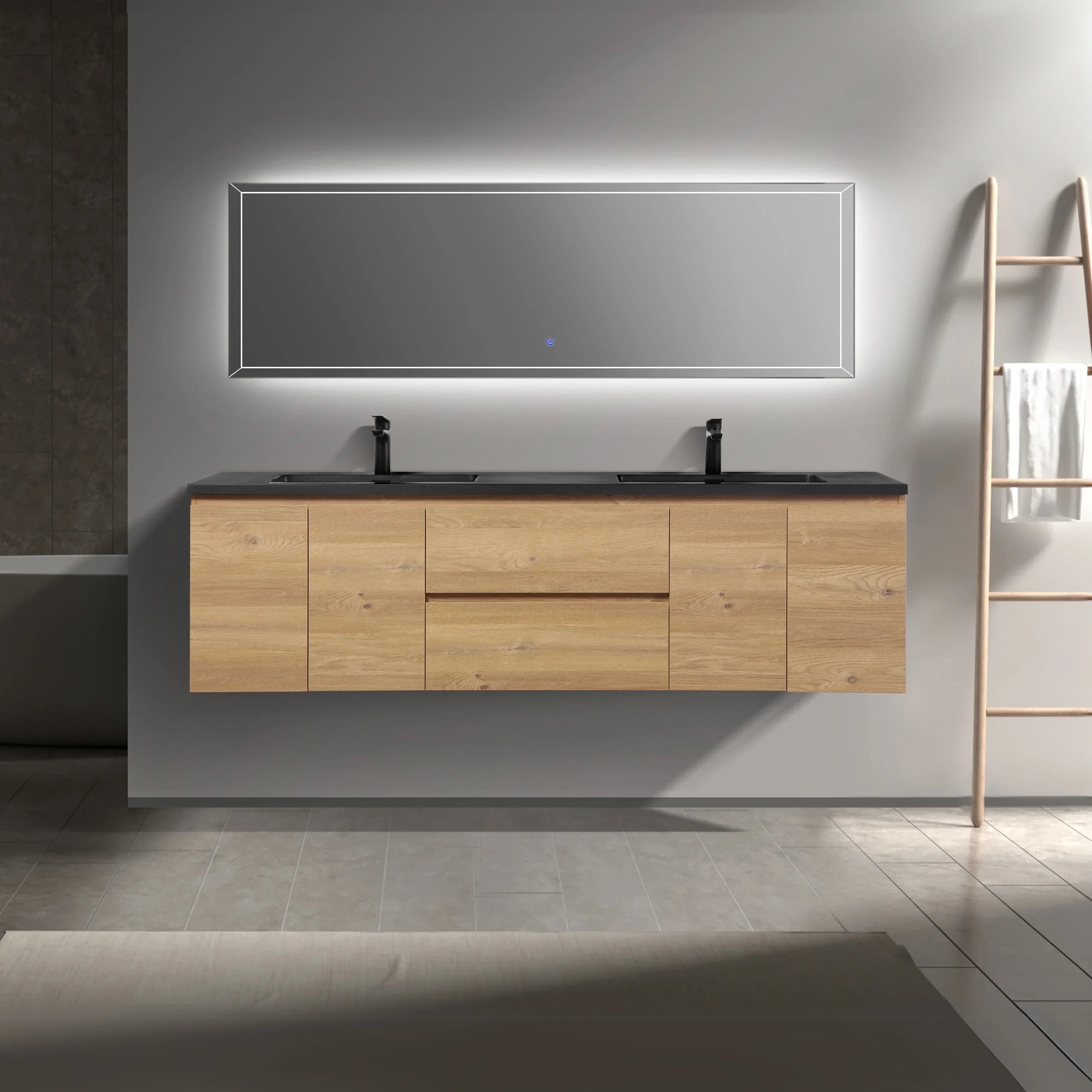 72" Rough Oak Wall Mount Double Sink Bathroom Vanity with Black Quartz Countertop-Migration_Bathroom Vanities-DECOROLALA