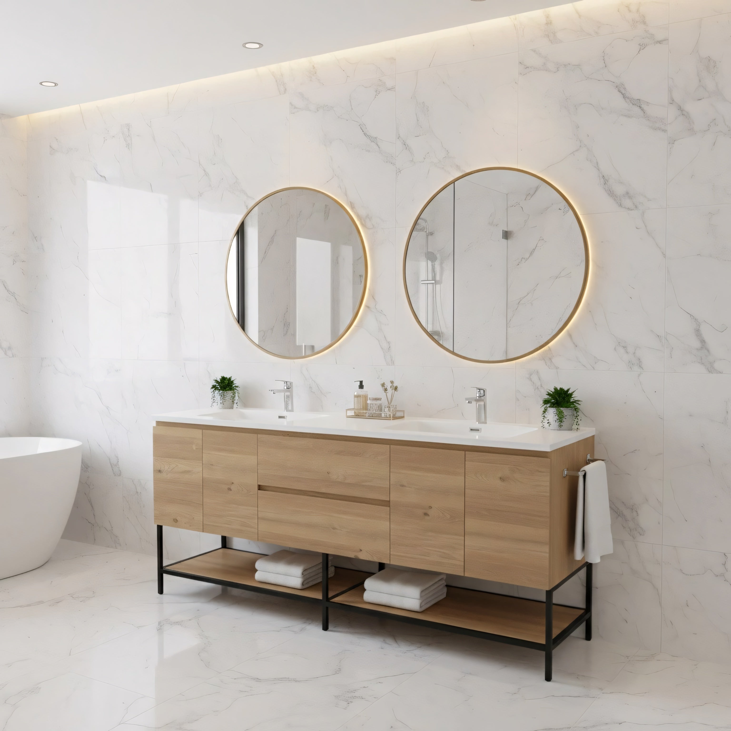 72" Rough Oak Wall Mount Double Sink Bathroom Vanity with White Polymarble Countertop-Migration_Bathroom Vanities-DECOROLALA