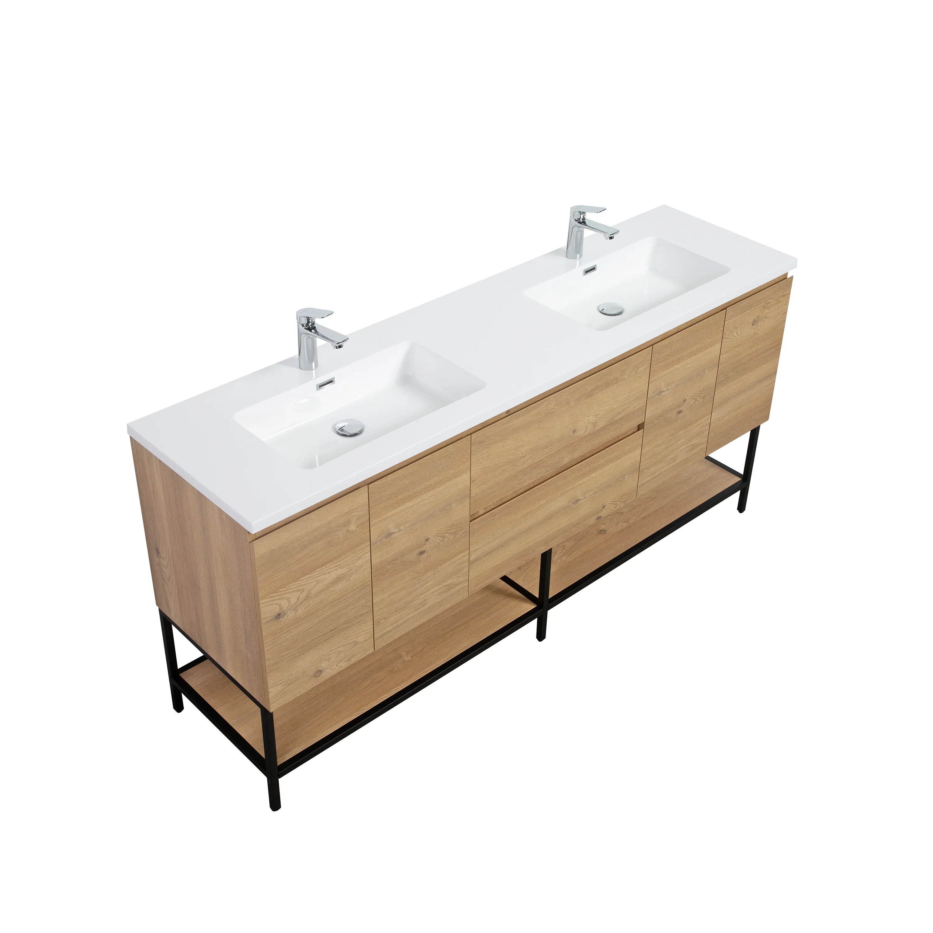 72" Rough Oak Wall Mount Double Sink Bathroom Vanity with White Polymarble Countertop-Migration_Bathroom Vanities-DECOROLALA