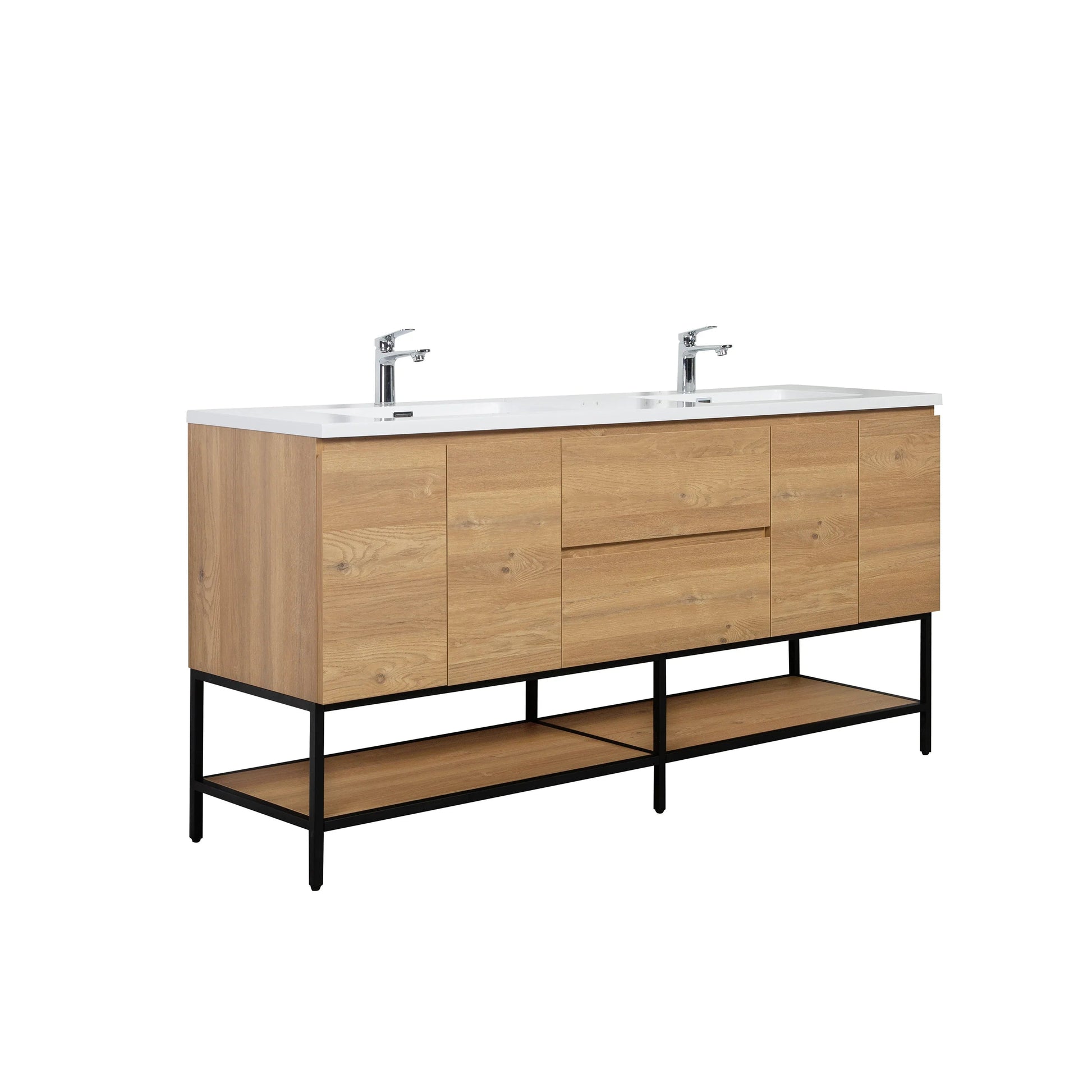 72" Rough Oak Wall Mount Double Sink Bathroom Vanity with White Polymarble Countertop-Migration_Bathroom Vanities-DECOROLALA