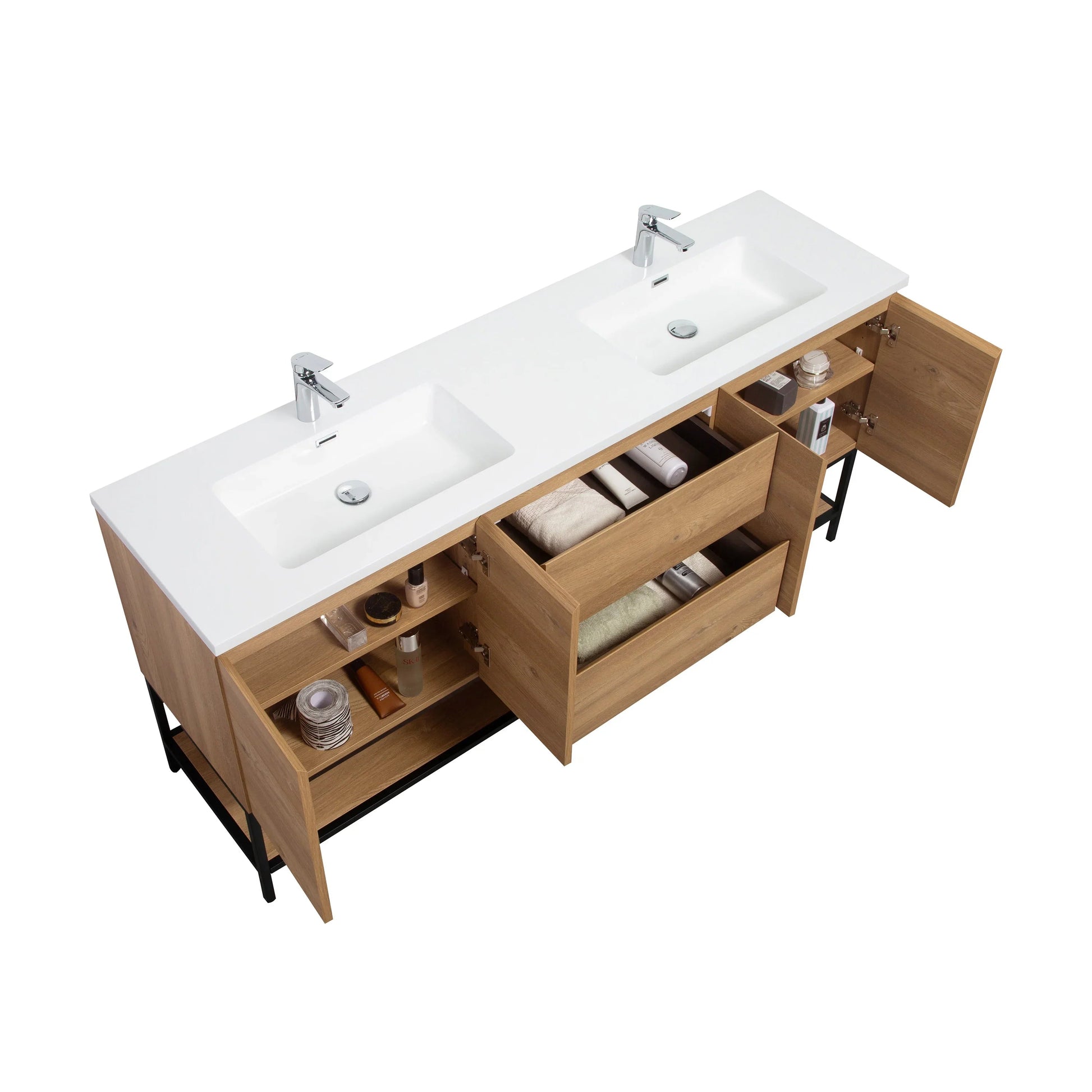 72" Rough Oak Wall Mount Double Sink Bathroom Vanity with White Polymarble Countertop-Migration_Bathroom Vanities-DECOROLALA