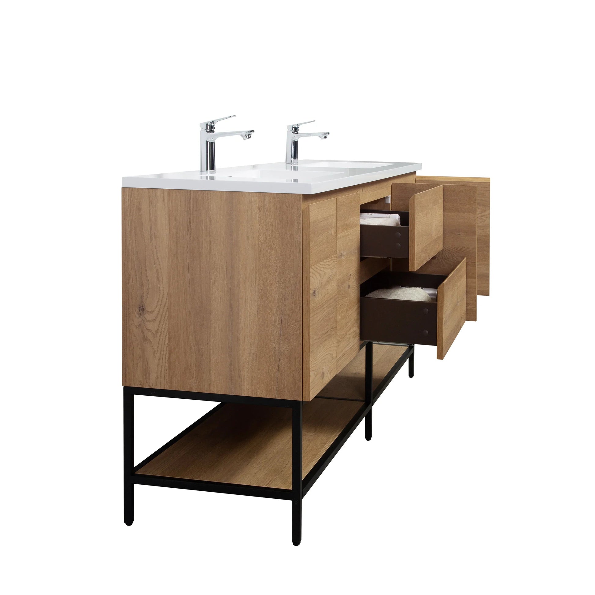 72" Rough Oak Wall Mount Double Sink Bathroom Vanity with White Polymarble Countertop-Migration_Bathroom Vanities-DECOROLALA