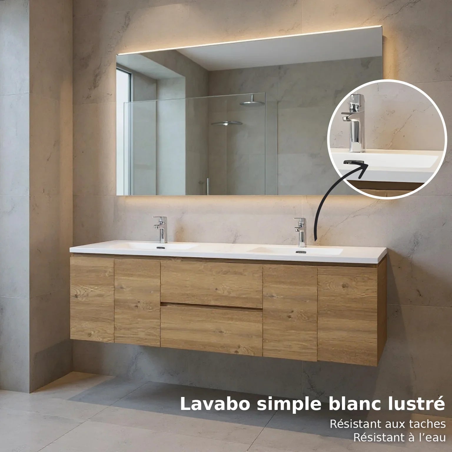 72" Rough Oak Wall Mount Double Sink Bathroom Vanity with White Polymarble Countertop-Migration_Bathroom Vanities-DECOROLALA