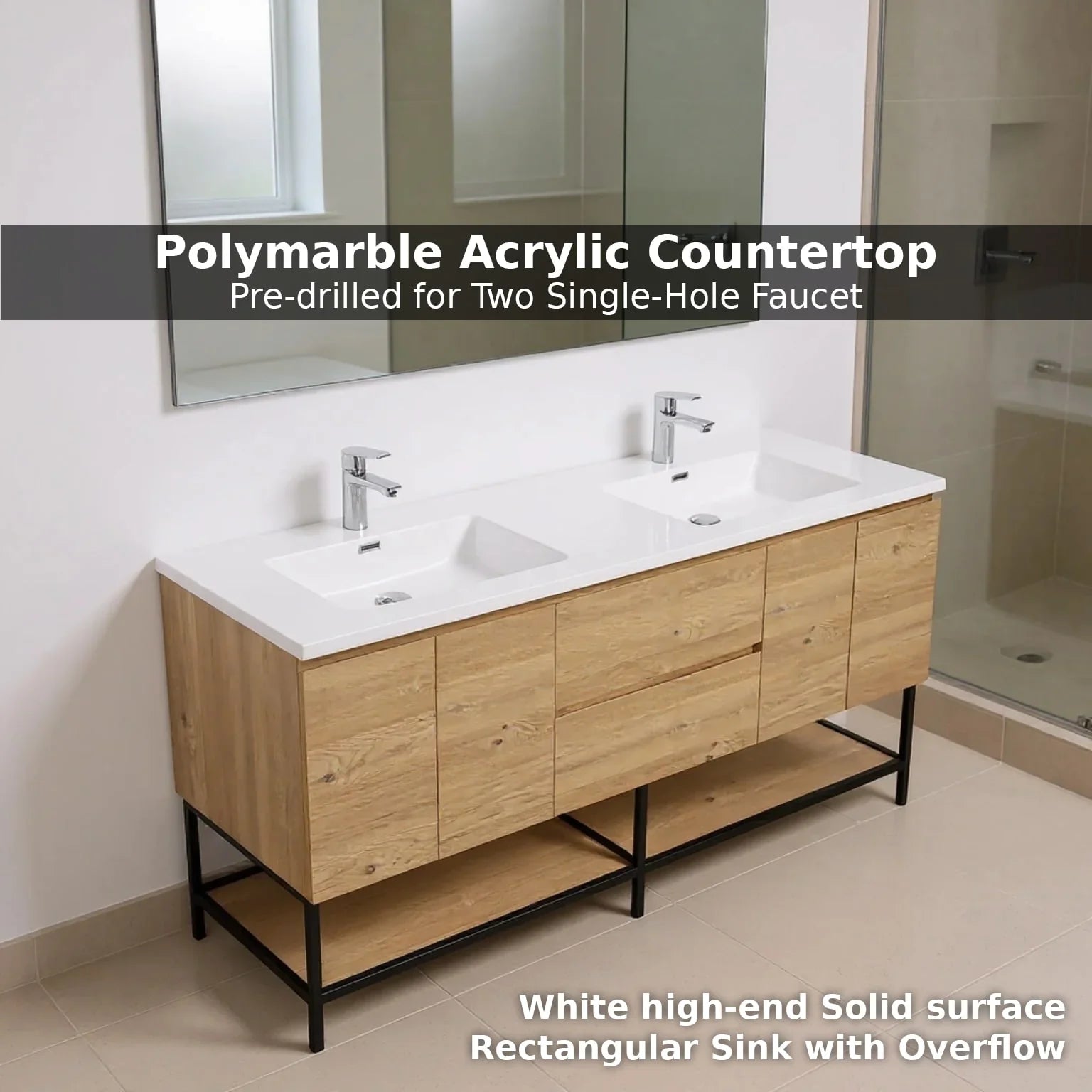 72" Rough Oak Wall Mount Double Sink Bathroom Vanity with White Polymarble Countertop-Migration_Bathroom Vanities-DECOROLALA