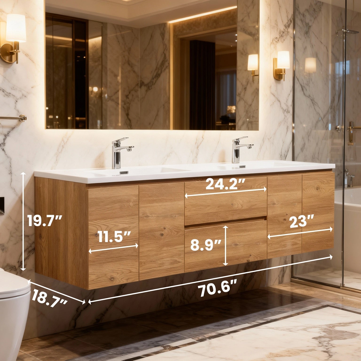 72" Rough Oak Wall Mount Double Sink Bathroom Vanity with White Polymarble Countertop-Migration_Bathroom Vanities-DECOROLALA