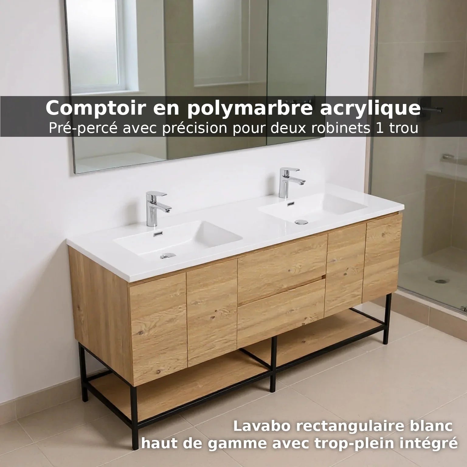 72" Rough Oak Wall Mount Double Sink Bathroom Vanity with White Polymarble Countertop-Migration_Bathroom Vanities-DECOROLALA